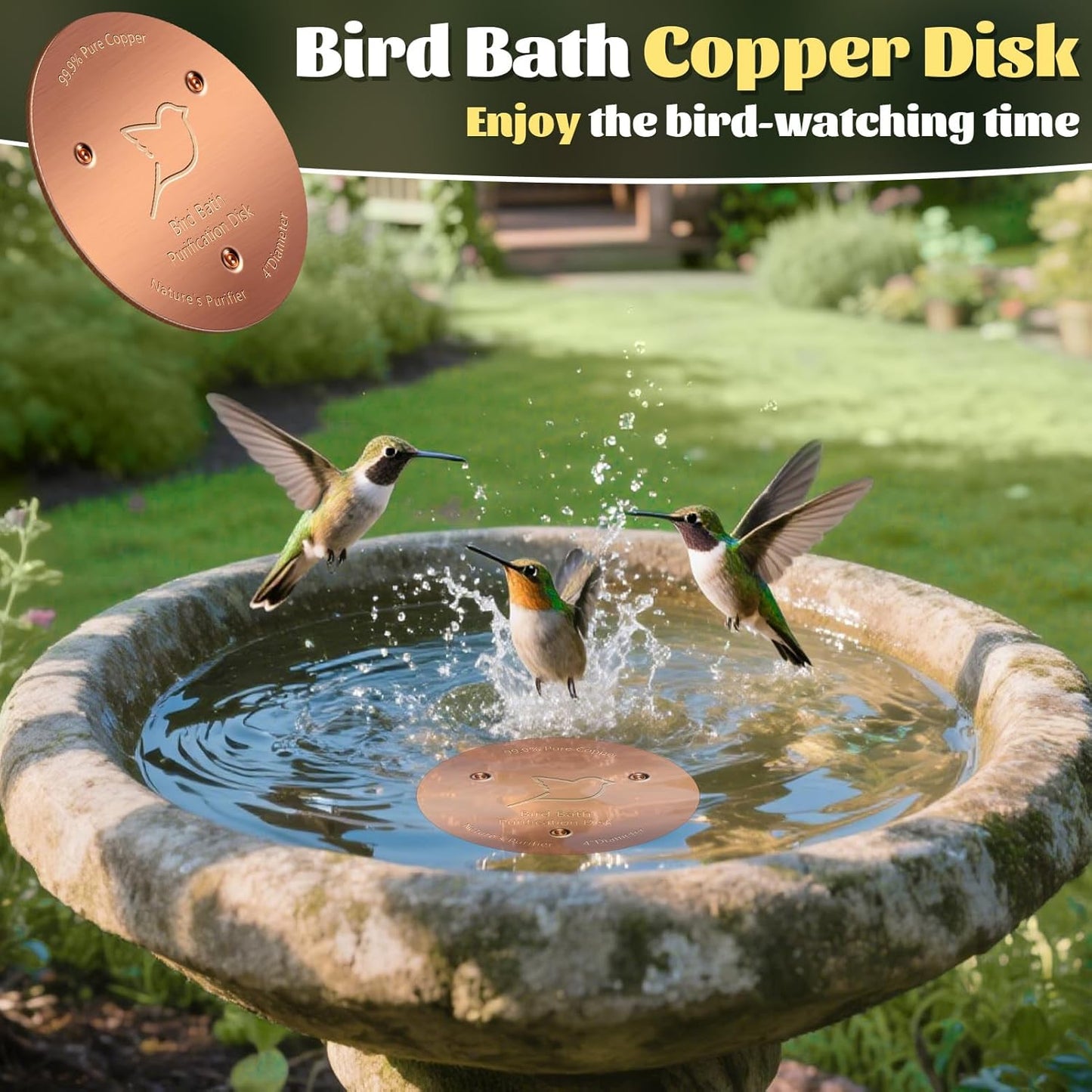 NNG 3 Pack Bird Bath Copper Disk,1mm Thick Reinforced 99.9% Pure Copper Bird Bath Purification Disk with Triple-Point Support,Physical Safe Water Cleaner for Outdoor Birdbaths Bowls,All-Season Use