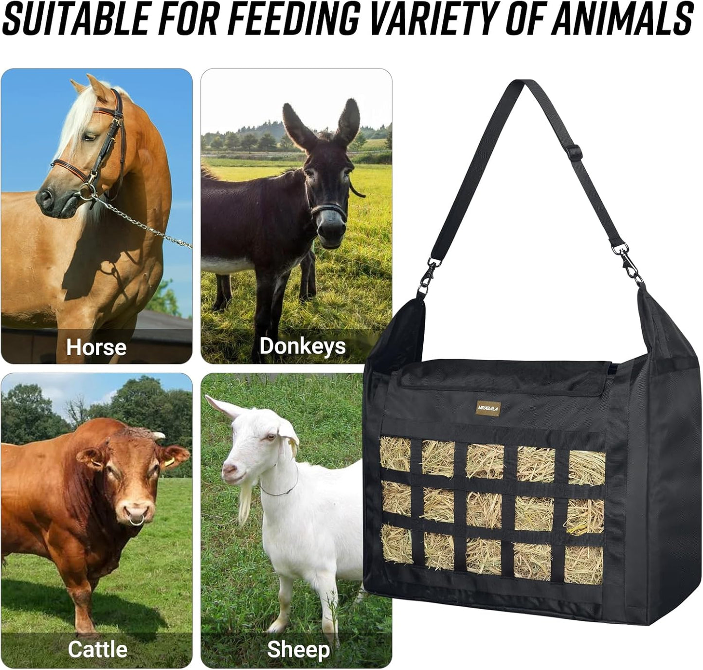 Hay Bag for Horses,Slow Feeder for Horse/Donkey/Goat, Premium 1680D Oxford Cloth,Easy to Fill and Hang with Extra Large Opening(Black)