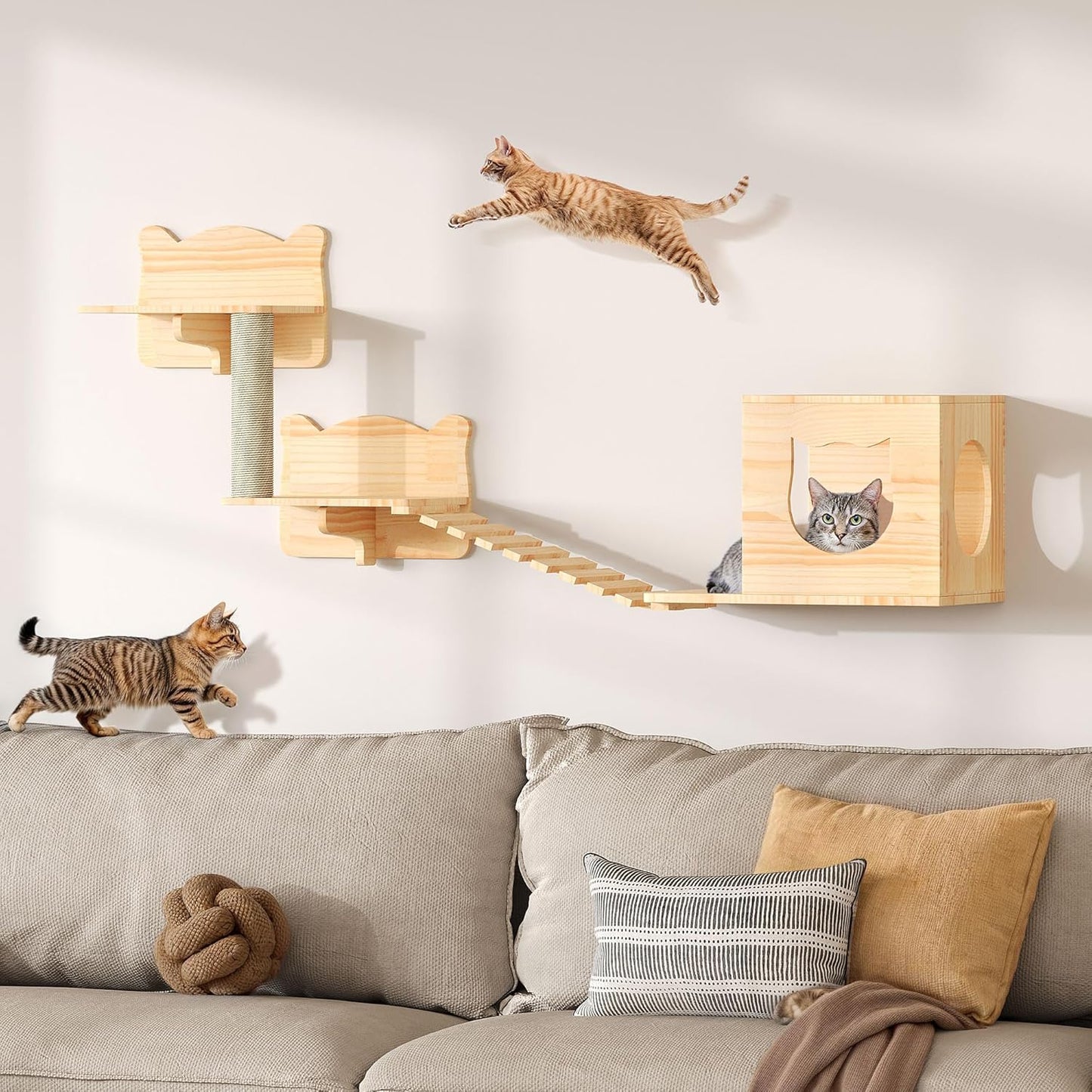 Cat Wall Shelves, Cat Wall Furniture Pine Wooden Feline Shelf, 5 Piece Shelves and Perches with Bed, House, Steps, Bridge Ladder and Scratching Post