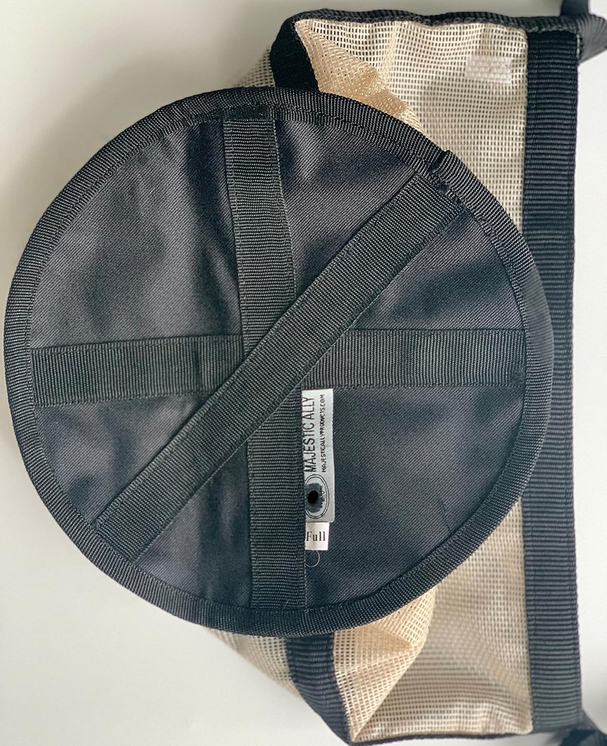 Majestic Ally Horse Feed Bag, Heavy Duty Nylon Mesh Grain Feed Bag, Adjustable Strap with Durable Snap and Elastic Straps, Comfort Neck Pad and Nose Pad- Large (Draft, Beige)