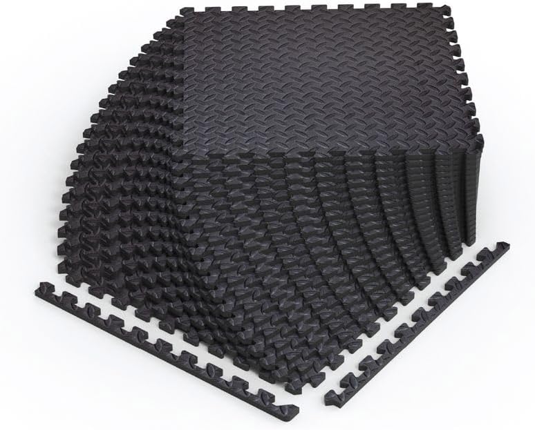 Norsk Foam Floor Gym Mats with Interlocking Tiles, .47" Thick, 24"x24", 24-Pack, 96 Square Feet, Diamond Plate Design, Black