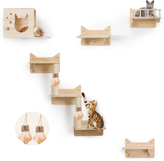 Wall-Mounted Cat Shelves for Large Cats – 9-Piece Pine Wood Cat Furniture with Scratching Posts, Ladder & House – Indoor Modern Climbing Wall Gym for Cats