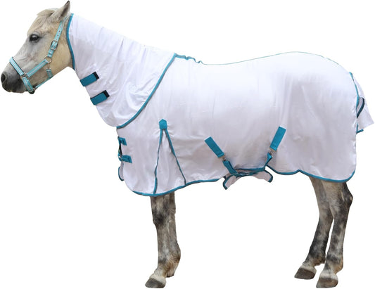 Horse Fly Sheet with Detachable Neck Cover & Belly Wrap, Adjustable Fly Sheet for Horses, Ventilated Airflow Mesh Equine Cooling Summer Flysheet White 69