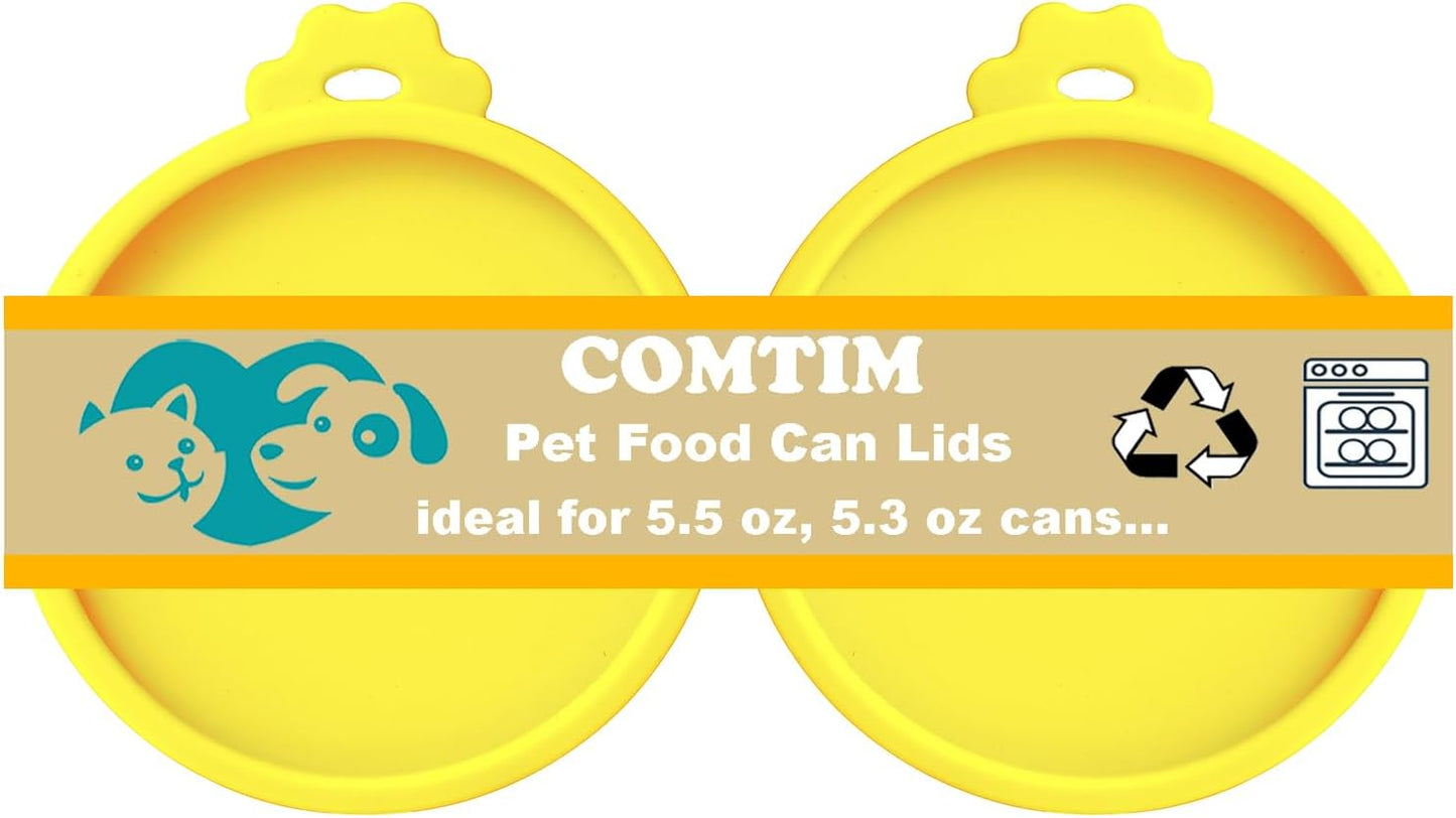 Comtim Cat Food Can Covers Lids for 5.5 oz Cans, 2 Pack Silicone Cat Food Can Lids for 5.5 oz 5.3 oz Cans...Pet Food Can Covers Reusable Can Toppers Savers for Wet Food (Yellow)