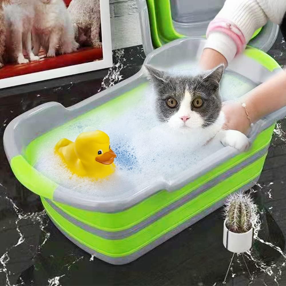 Multipurpose Collapsible Pet Bathtub with Drainage Hole for Puppy Small Dogs Cats, Portable Laundry Basket-Foldable Bathing Tub-Storage Organizer, 7.1 Gal/27L (Green,1)