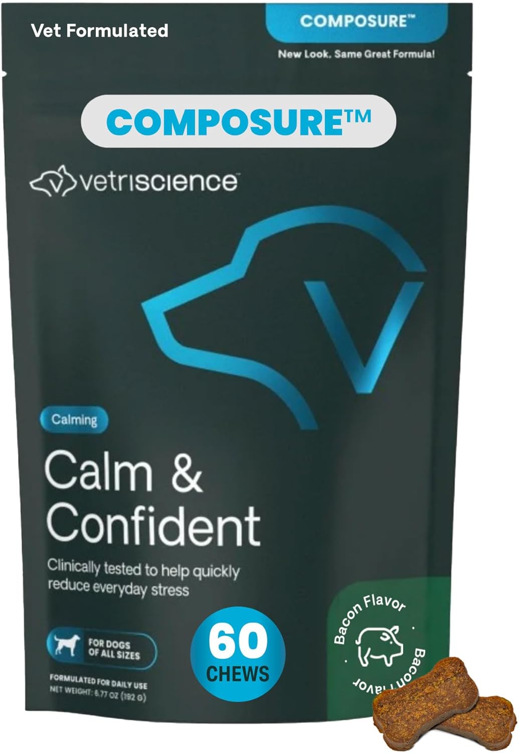 VetriScience Calm & Confident Chews, Composure Clinically Tested Calming and Anxiety Supplement for Dogs, Reduce Stress and Fear, Ideal for Thunderstorms, Fireworks and Travel, Bacon, 60 Count