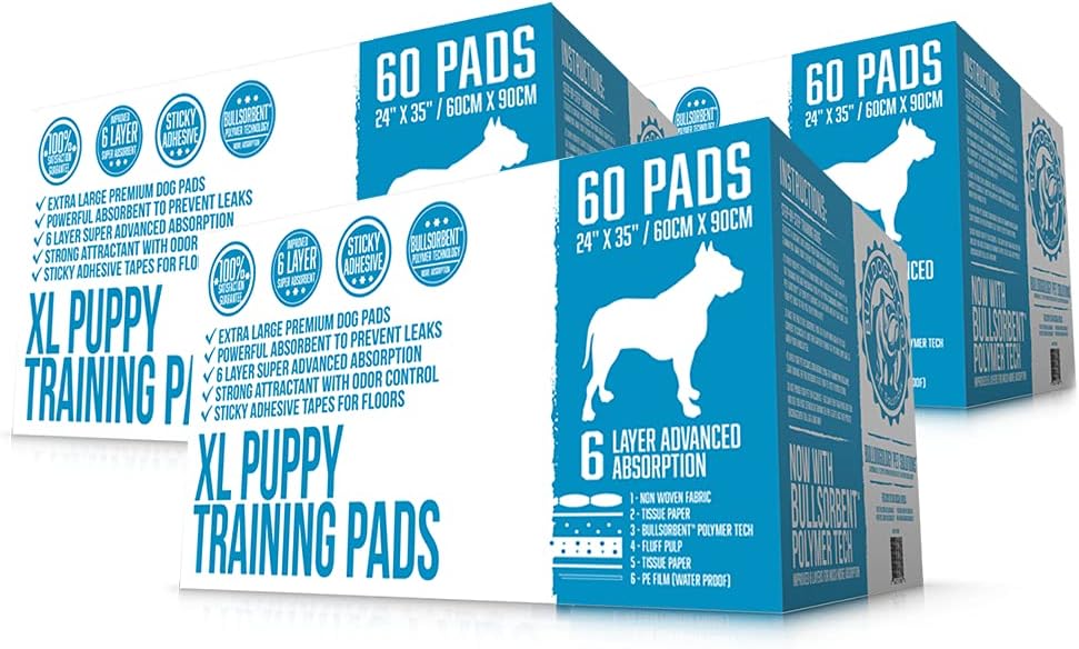 Bulldogology Puppy Pee Pads XL with Adhesive Sticky Tape - Extra Large Dog Training Wee Pads (24x35) 6 Layers with Extra Quick Dry Bullsorbent Polymer Tech (180-Count, White)