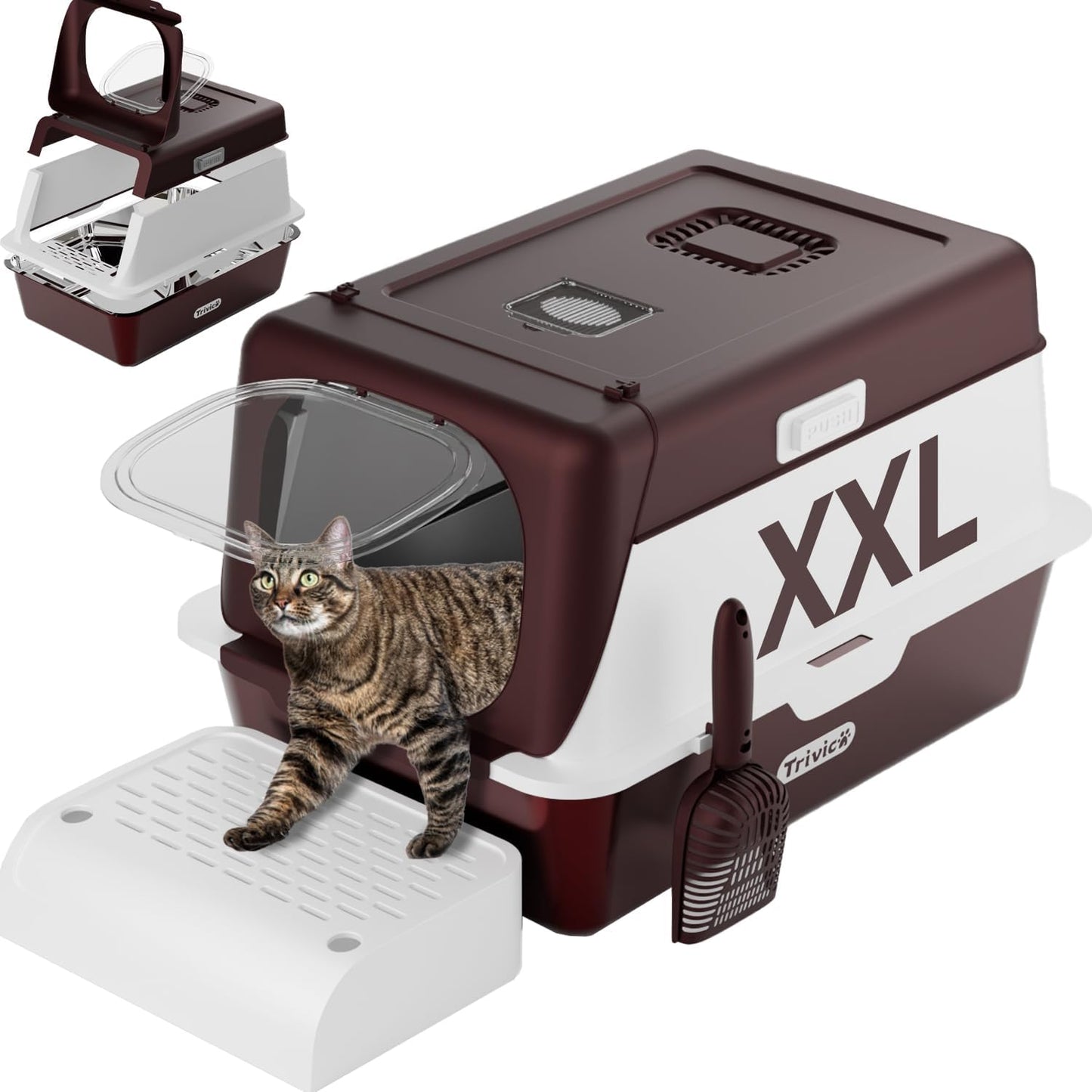 XX-Large Stainless Steel Cat Litter Box with Lid – Fully Enclosed Large Litter Box for Big Cats, Odor Control with Magnetic Door, Easy Clean, Multi-Cat Durable Metal Pan (Burgundy)