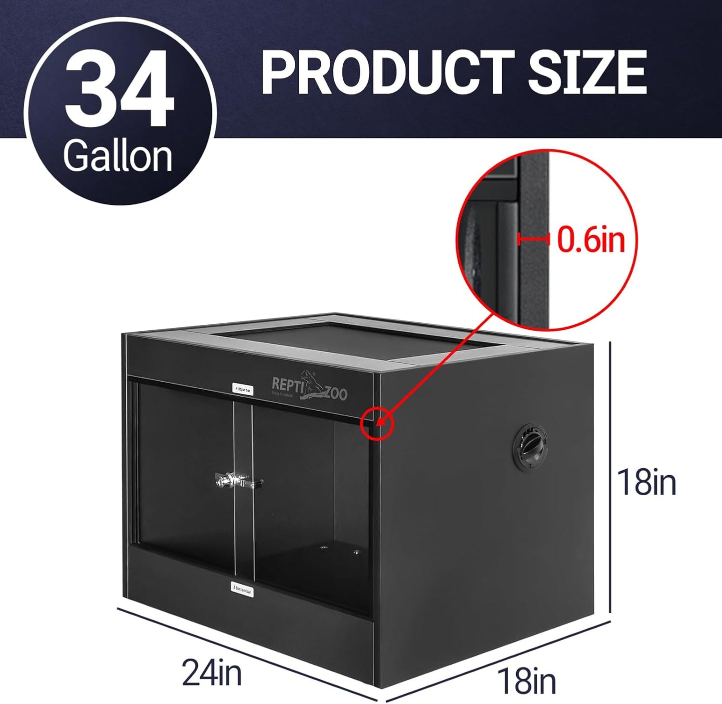 REPTI ZOO 34 Gallon PVC Reptile Terrarium, 24x18x18” Leopard Gecko Tanks with Glass Sliding Door & Top Screen Ventilation, Reptile Enclosure for Bearded Dragon Hermit Crab