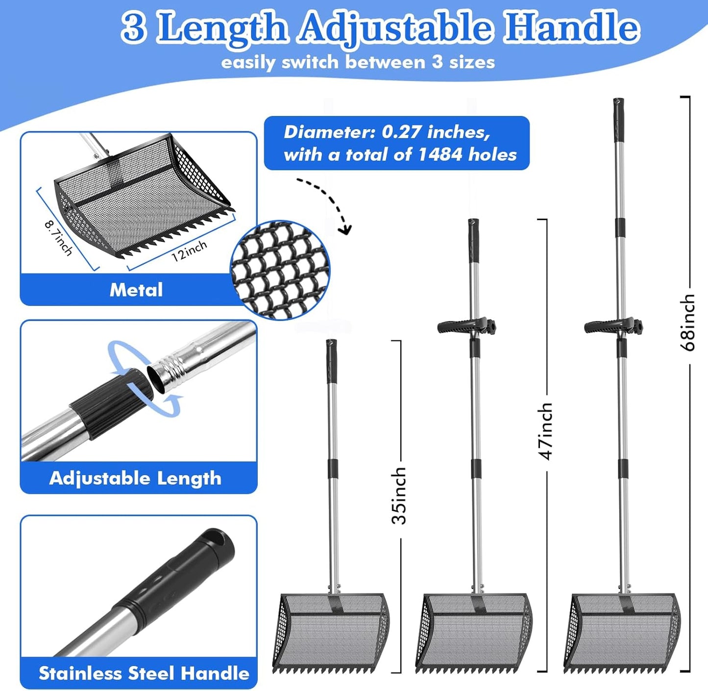 12 Inch Chicken Poop Scooper & Rake 2-in-1, Large Metal Shovel Head, Rubber Handle Stainless Steel Chicken Litter Scoop for Chicken Coops, Litter Screening Scoop (35 to 65in) US Patent Pending (Black)