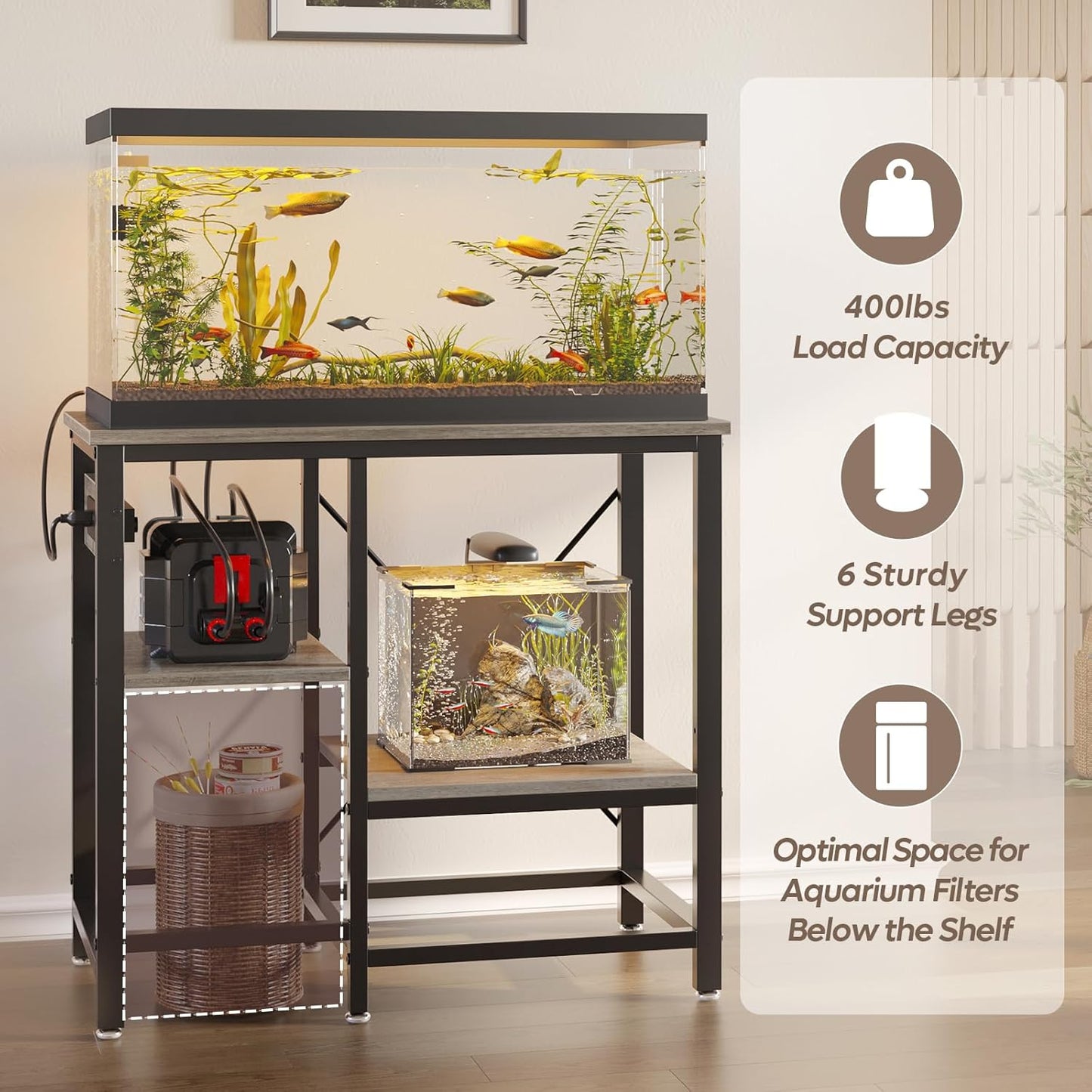 20-29 Gallon Fish Tank Stand with Power Outlets, 30.7 x 13.8 Metal Aquarium Stand with 3-Tiers Adjustable Storage Shelves, 6-Legs Reptile Terrarium Stand, 400 LBs