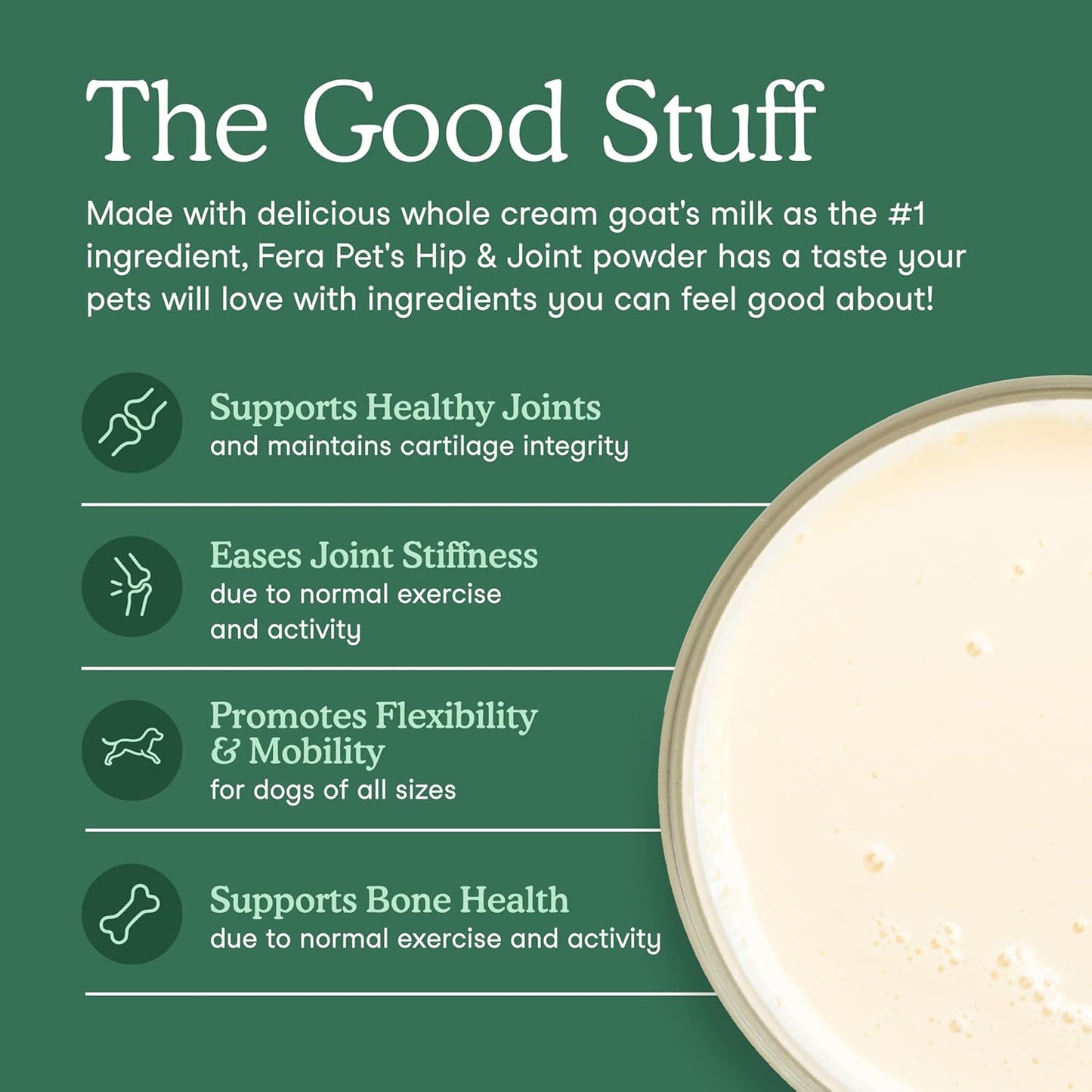 Fera Pets Goat Milk - Cat & Dog Hip and Joint Support with Glucosamine, MSM & Green Lipped Mussel - Supports Flexibility, Mobility & Bone Health - for Picky Eaters - 60 TSP