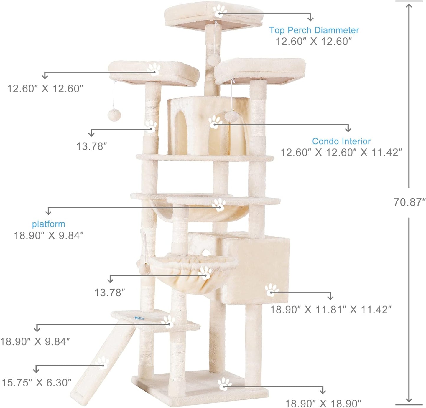 Hey-brother Cat Tree, 71 inches XL Large Cat Tower for Indoor Cats, Multi-Level Cat House with 3 Padded Perches, Big Scratcher, Cozy Basket, 2 Cat Condos and Scratching Posts, Beige MPJ034M
