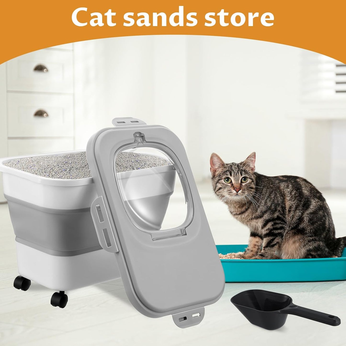 Collapsible Cat Litter Storage Bin Container with Airtight Lids, Portable Cat Litter Storage Container with Wheels, Kitchen Cereal Rice Leakproof Sealable