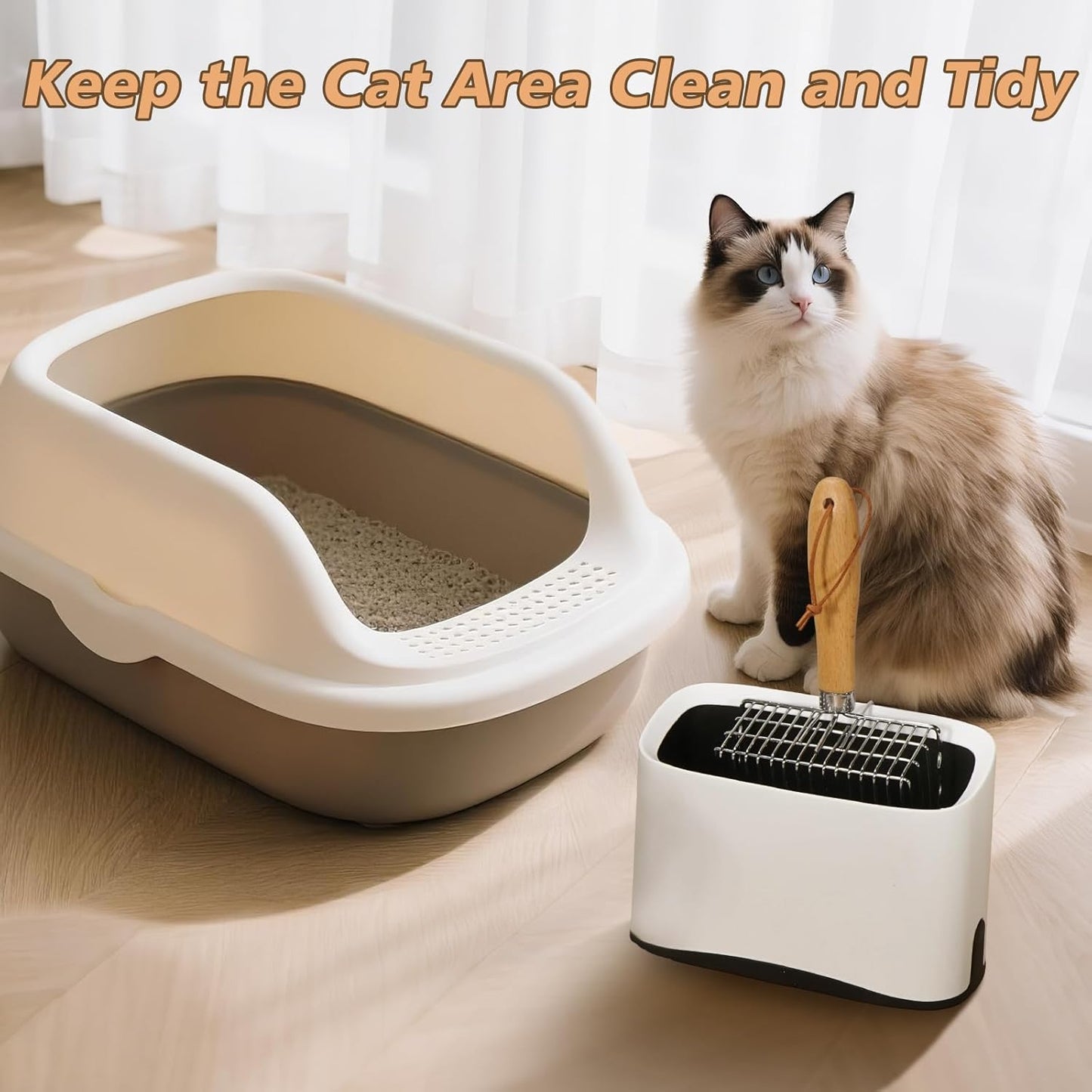 Metal Cat Litter Scoop with Holder, Poop Scooper with Stand&2 Rolls of Garbage Bag, Heavy Duty Stainless Steel Shovel with Wooden, Kitty Quick Sifter for Easy Cleaning, Essential Item for Cat