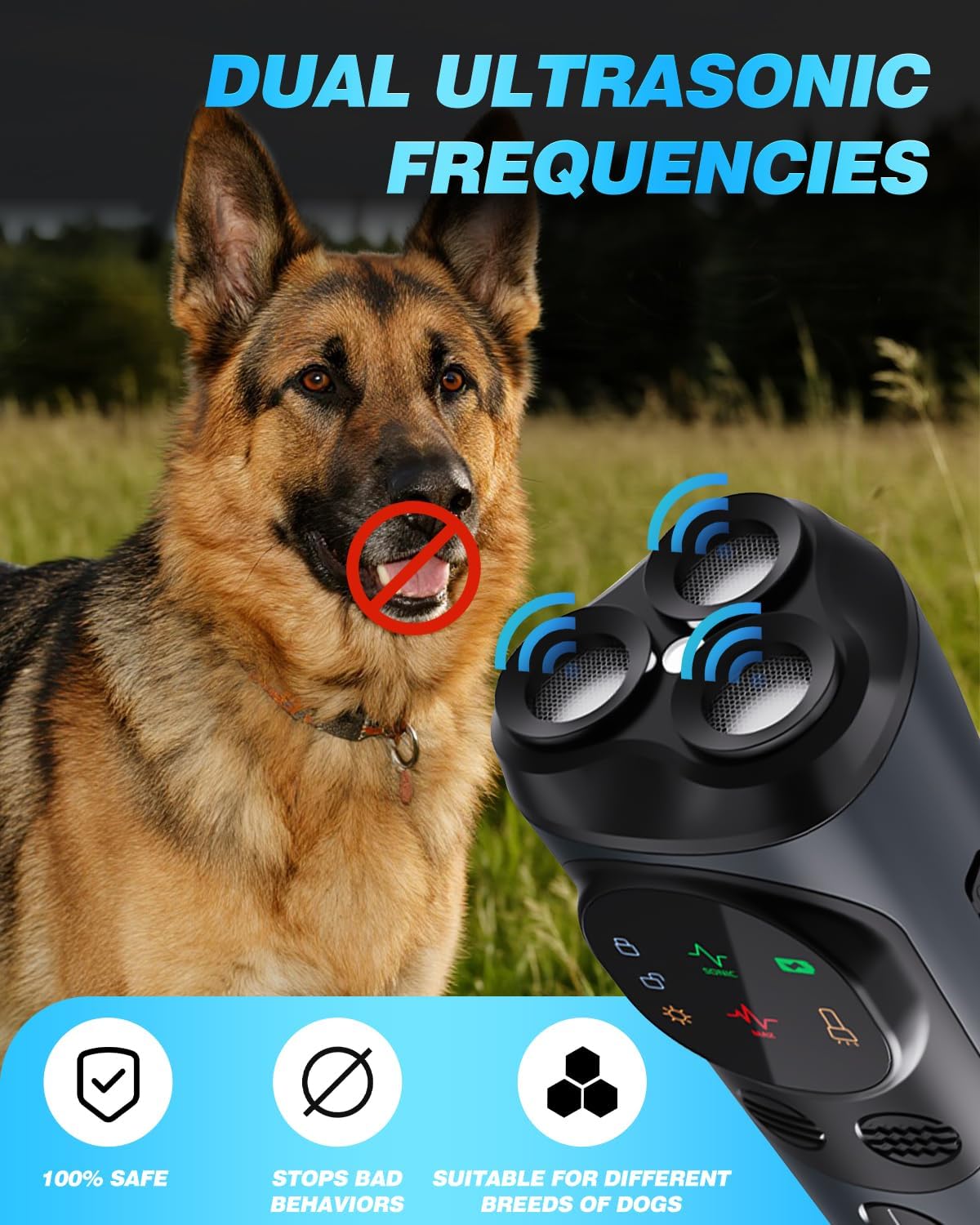 2025 Ultrasonic Dog Bark Deterrent Devices with 3 Emitters & SOS Flashlight, Humane Anti-Bark Trainer, 50FT Range, 90-Day Battery, Multi-Mode Rechargeable Dog Deterrent for Indoor & Outdoor Use