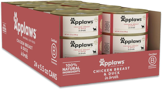 Applaws Natural Wet Cat Food in Broth, Limited Ingredient Canned Wet Cat Food, No Additives, Made with Natural Ingredients, Chicken Breast & Duck in Broth (24 x 5.5oz Cans)