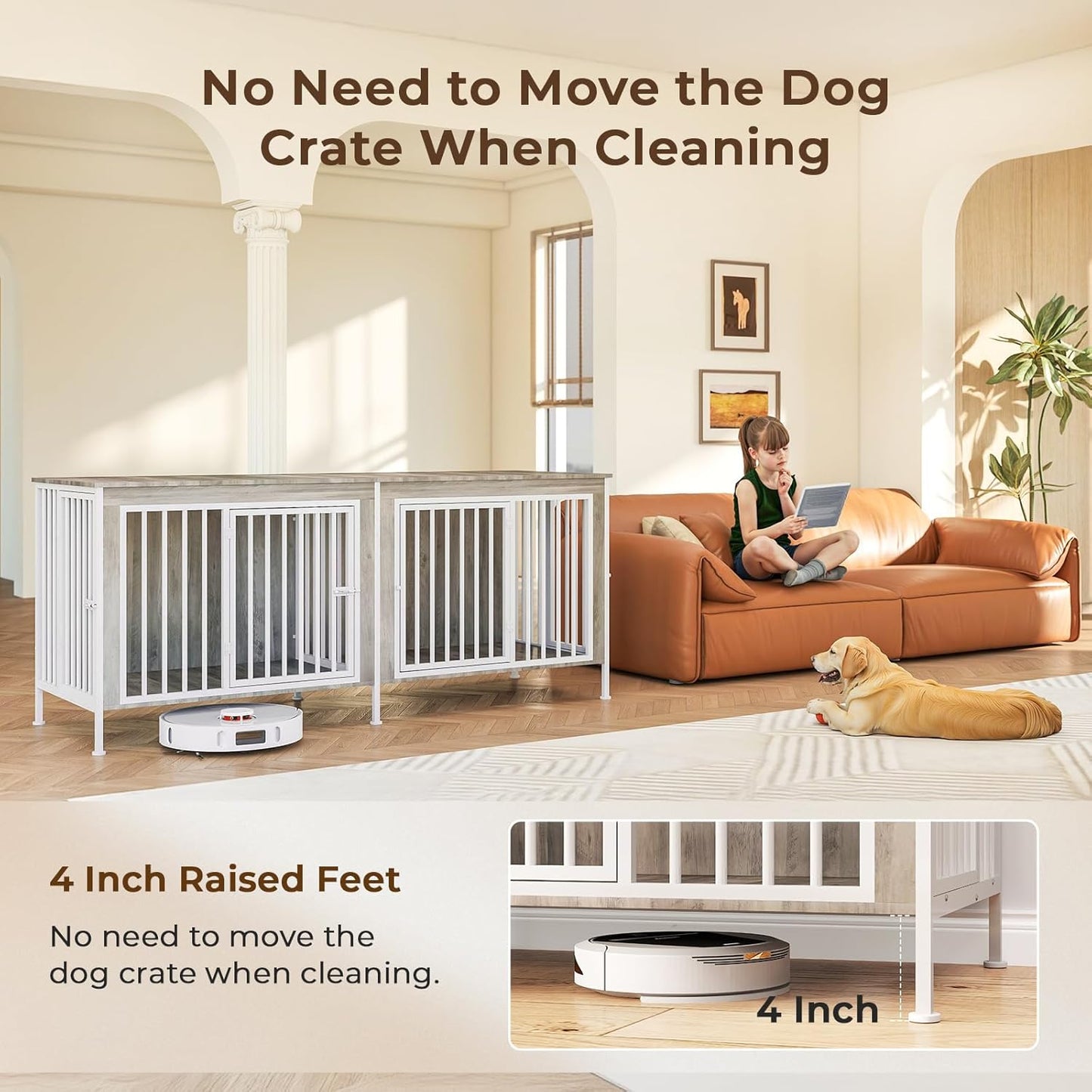 63 Inch Dog Cage Furniture for 2 Large/Medium Dogs with Removable Divider, Extra Large Double Doors Dog Kennel, XXL Thick Wooden Dog cage Furniture, Durable and Sturdy, Beige