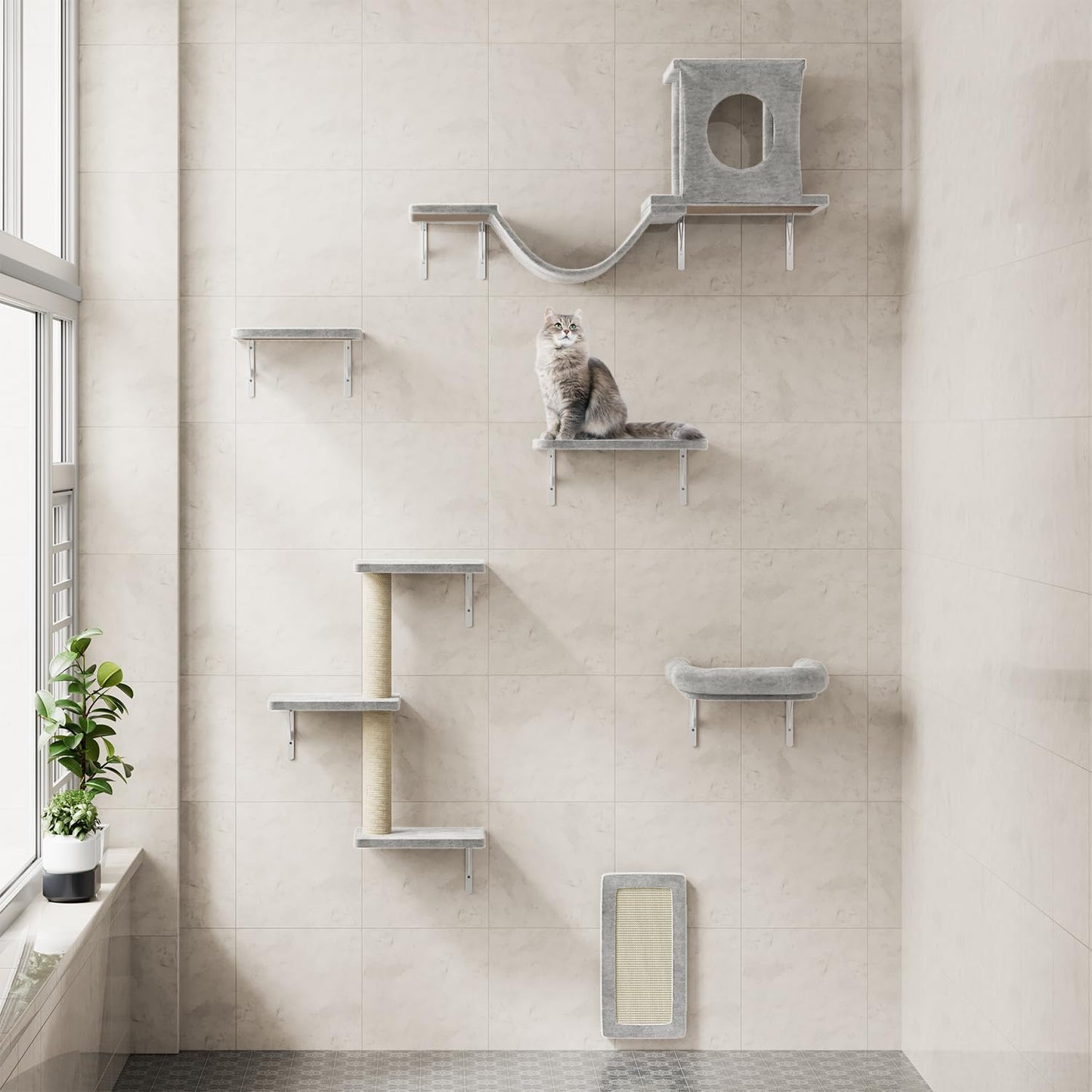 NUNU LAB Cat Wall Shelves, 6 Pcs Luxury Wall-Mounted Cat Climber Set, Indoor Cat Furniture with 1 Condos House, 2 Cat Wall Shelves, 1 Scratching, 1 Bridge Ladder, 1 Scratching Pad, Gray