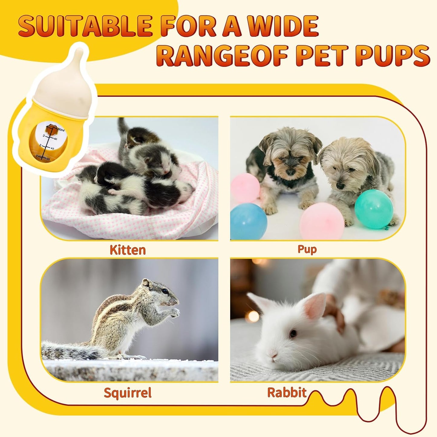 Kitten Bottle Feeding Kit for Nursing, Silicone Nipple Anti-Choking Puppy Bottle, YITOBA Small Clear Scale Puppy Feeder for Nursing Newborn Cats Dogs Pets (80ml)