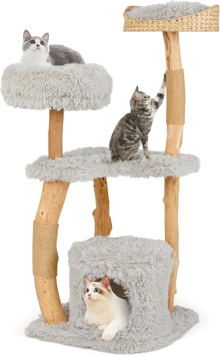 Tangkula Cat Tree Tower, Solid Wood Modern Cat Tower with Top Cattail Basket Bed, Side Perch, Large Platform & Cat Condo, Cute Cat Tree with Scratching Posts for Indoor Cats Large Adult