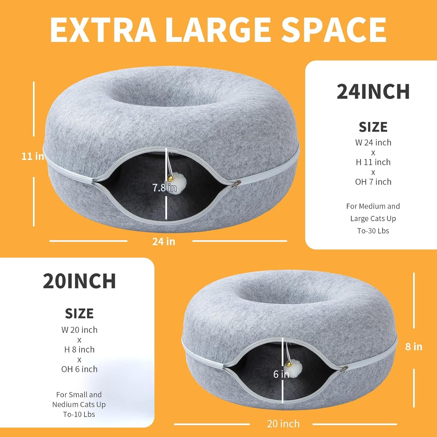 Jia Xi Cat Tunnel and Bed Combo - Donut Cat Condo & Cave, Universal for All Seasons (24 in * 24 in * 11 in), Light Grey