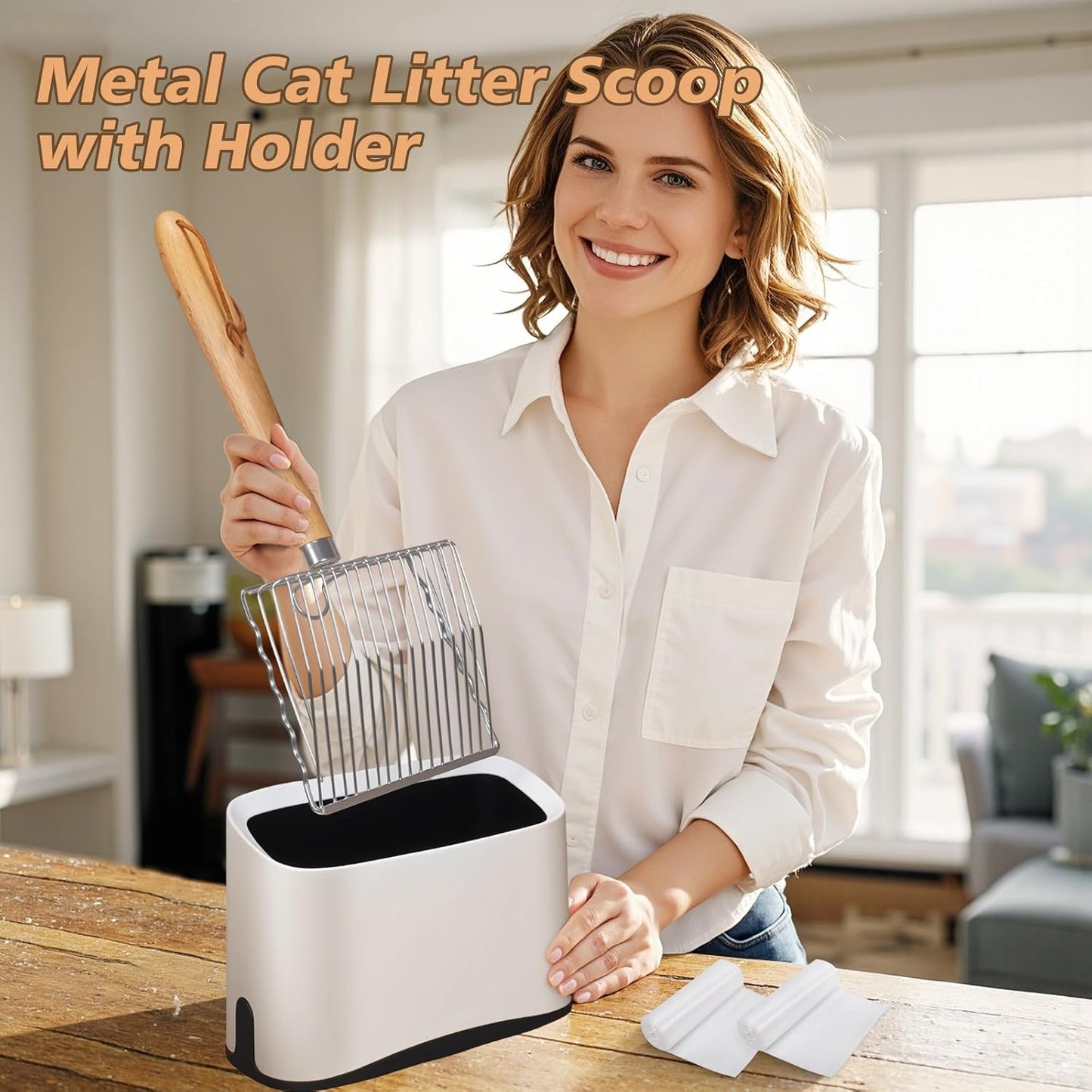 Metal Cat Litter Scoop with Holder, Poop Scooper with Stand and 2 Rolls of Garbage Bags, Heavy Duty Stainless Steel Shovel with Wooden, Quick Sifter for Easy Cleaning (Long handle-9.8" with Holder)