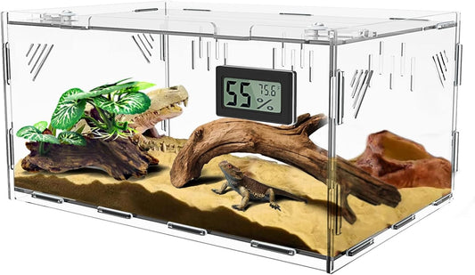 Reptile Terrariums, with Temperature Hygrometer, 15.7"x9.9"x7.1"Acrylic Reptile Breeding Box Terrarium Cage Tank for Small Reptile Insect Home Office