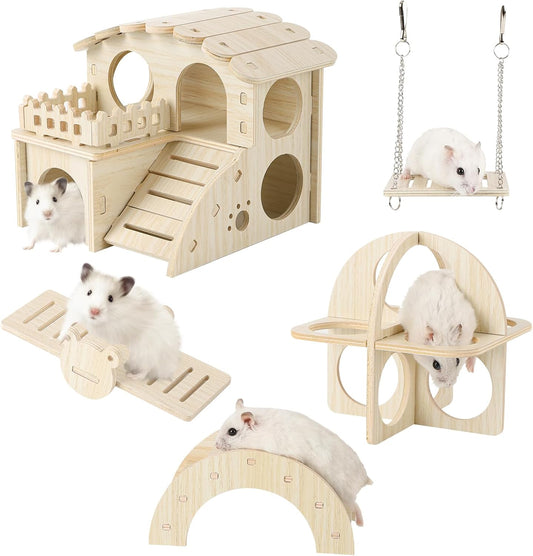 Wooden Hamster Toys 5-Piece Set - Natural Wood Hamster House, Swing, Climbing Ladder, Seesaw & Exercise Wheel - Small Animal Habitat Accessories for Dwarf Hamsters, Gerbils, Mice