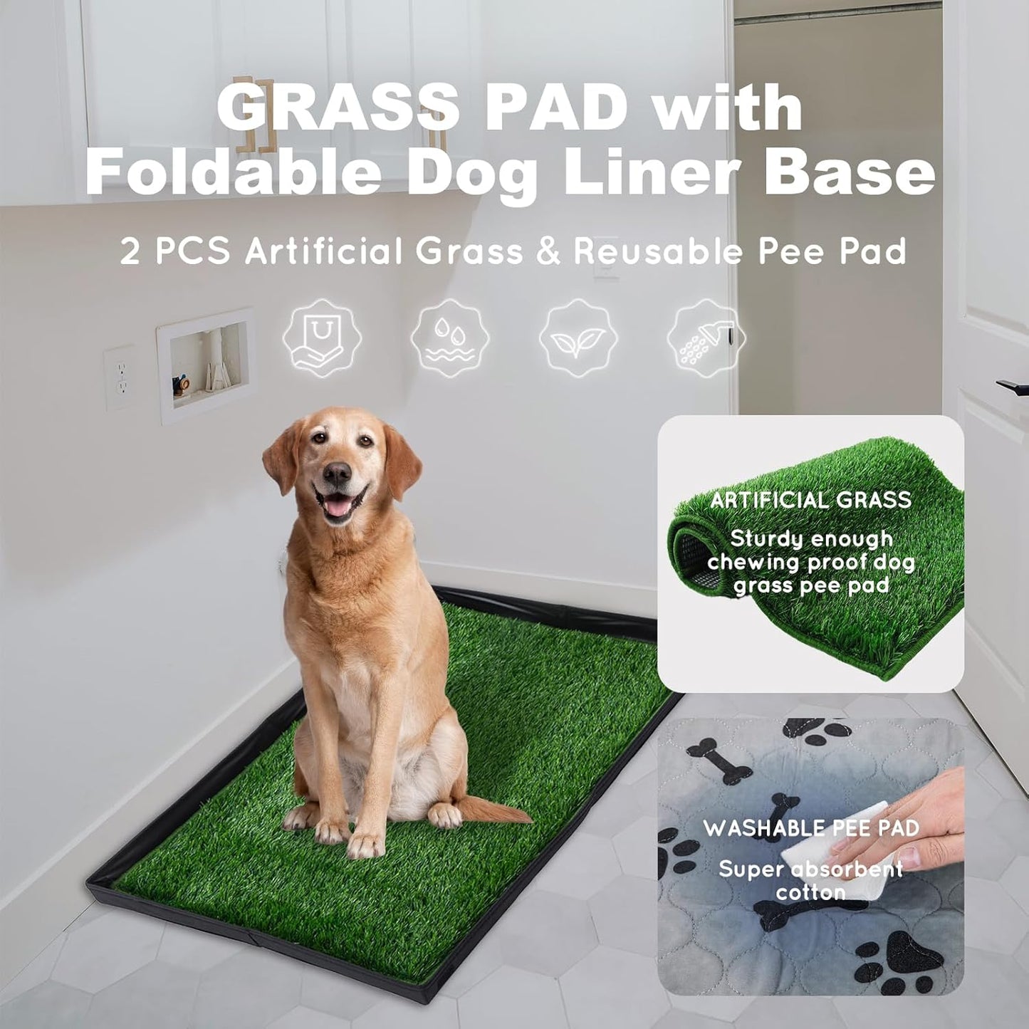 Dog Grass Pad with Foldable Dog Litter Box,Large Liner Base for Balcony，Ultra-Absorbent Artificial Grass Pads for Dogs Pee Pad Holder, Potty Training, 2 PCS Reusable Pee Pad