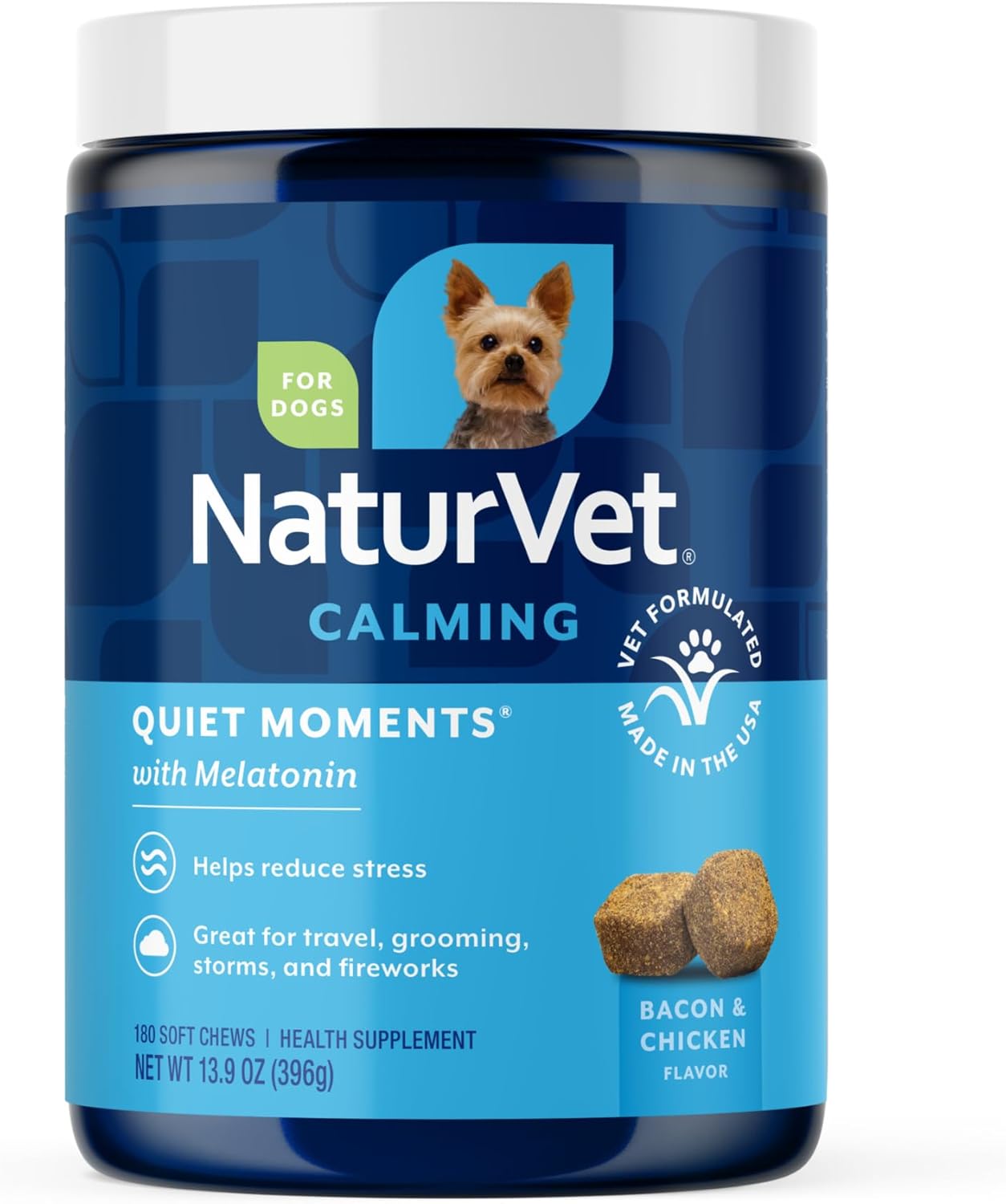 NaturVet Quiet Moments Calming Dog Supplement, Dog Soft Chews with Melatonin to Help Reduce Stress from Storms, the Vet, Fireworks, and Travel, Bacon and Chicken Flavored Pet Supplement, 180 Count Jar