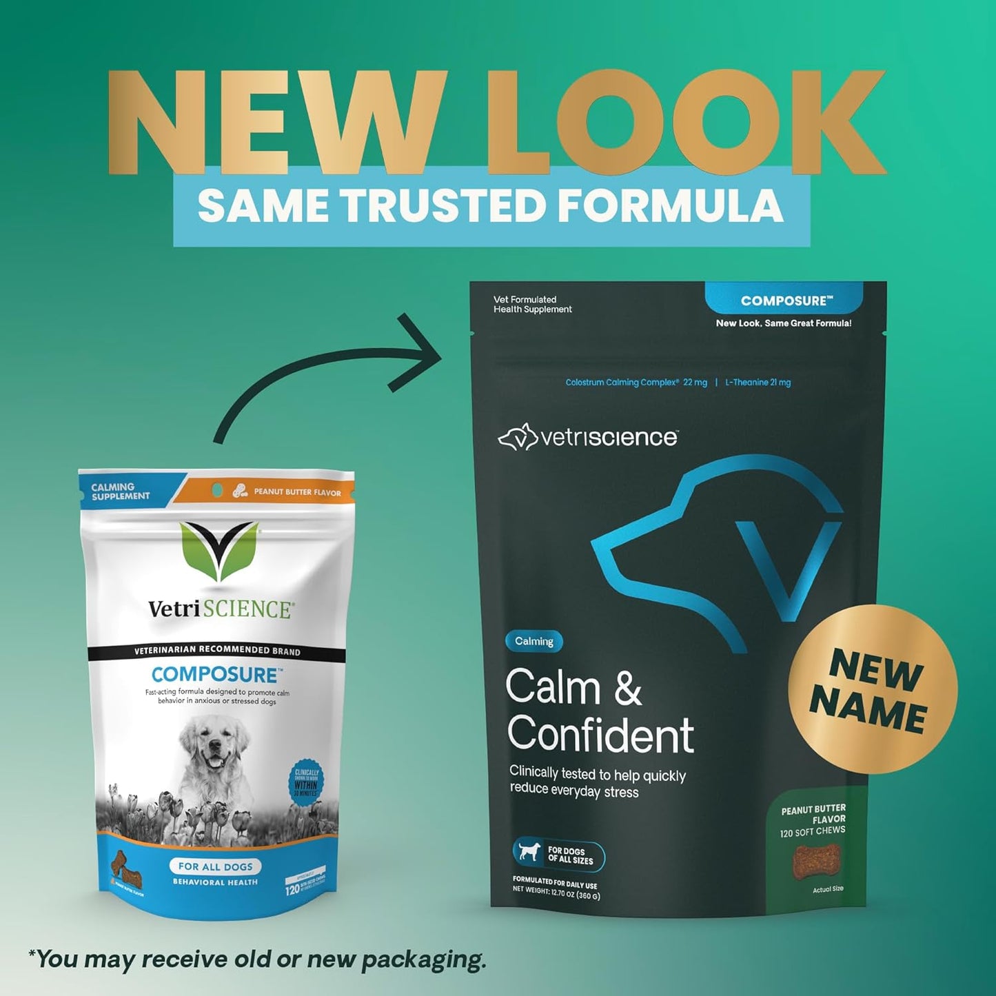 VetriScience Calm & Confident Chews, Composure Clinically Tested Calming and Anxiety Supplement for Dogs, Reduce Stress and Fear, for Thunderstorms, Fireworks and Travel, Peanut Butter, 120 Count