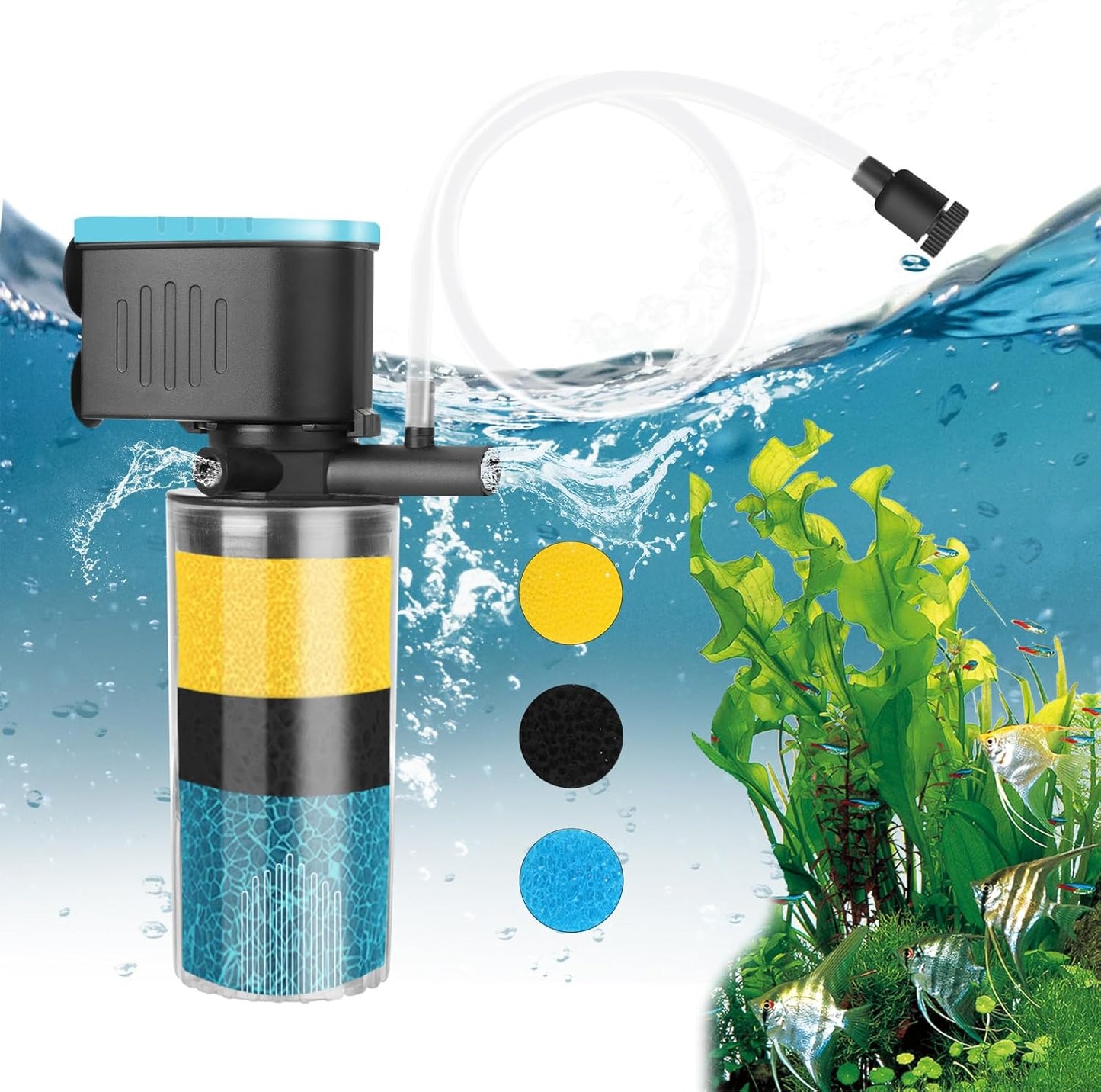 AquaMiracle Submersible Aquarium Filter 3-Stage in-Tank Filter with Dual Water Outlet & Aeration, 130GPH Internal Fish Tank Filter for 10-30 Gallon Aquariums
