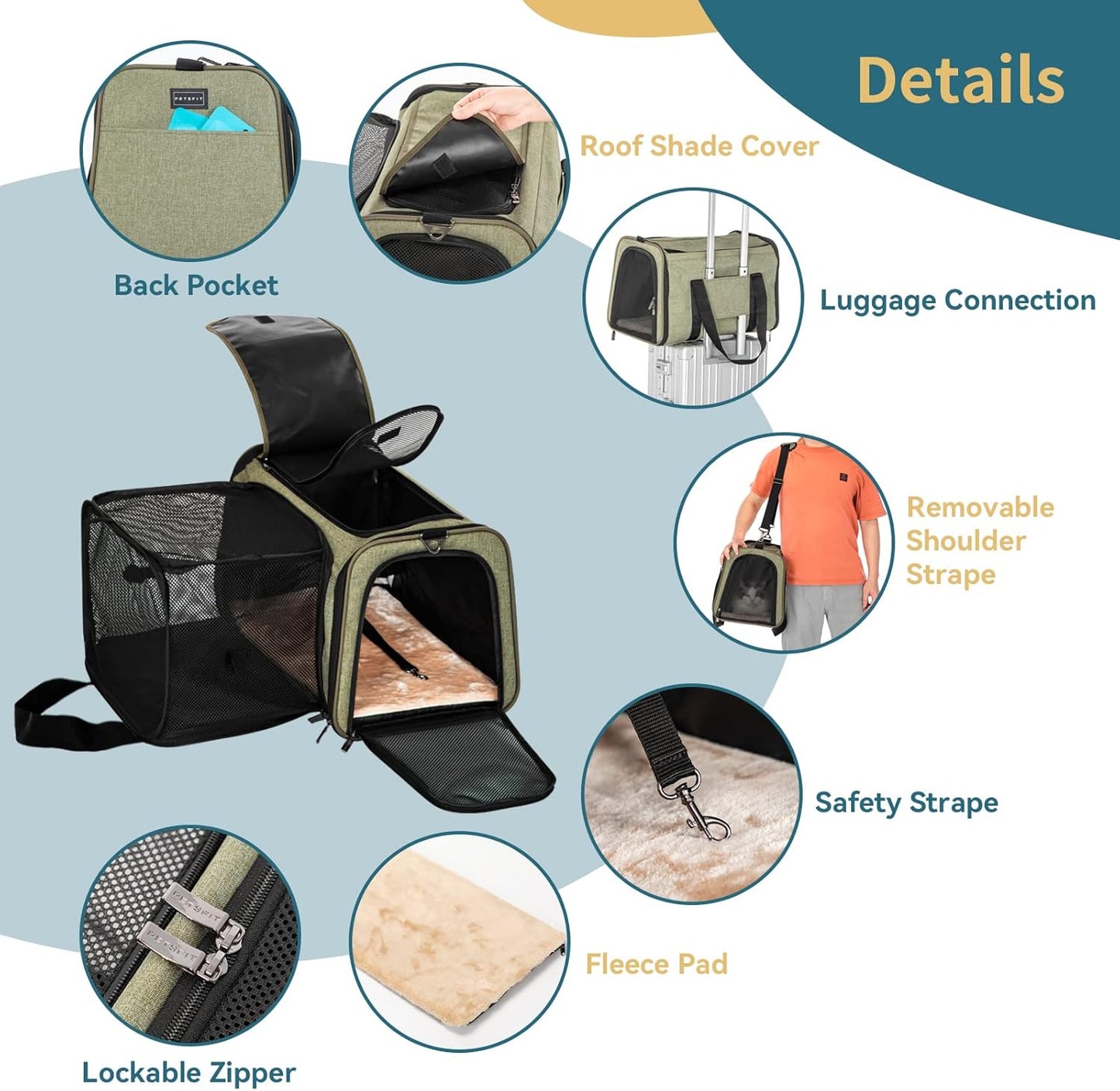 Petsfit Top Load Expandable Dog Carrier for Small Dog, Medium Cat, Or 2 Small Cats with Comfy Pad, Escape Proof, Easy Storage, Washable, Fit for Vet Visit and Outdoor, 19"X12" X12", Green