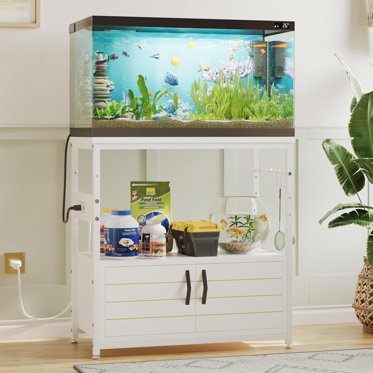 Bestier 20-29 Gallon Fish Tank Stand with Power Outlets, Metal Long Aquarium Stand with Storage Cabinet, 31x15 Reptile Terrarium Stand with Horizontal Gold Line, Stainless Hooks, 350 Lbs(White)