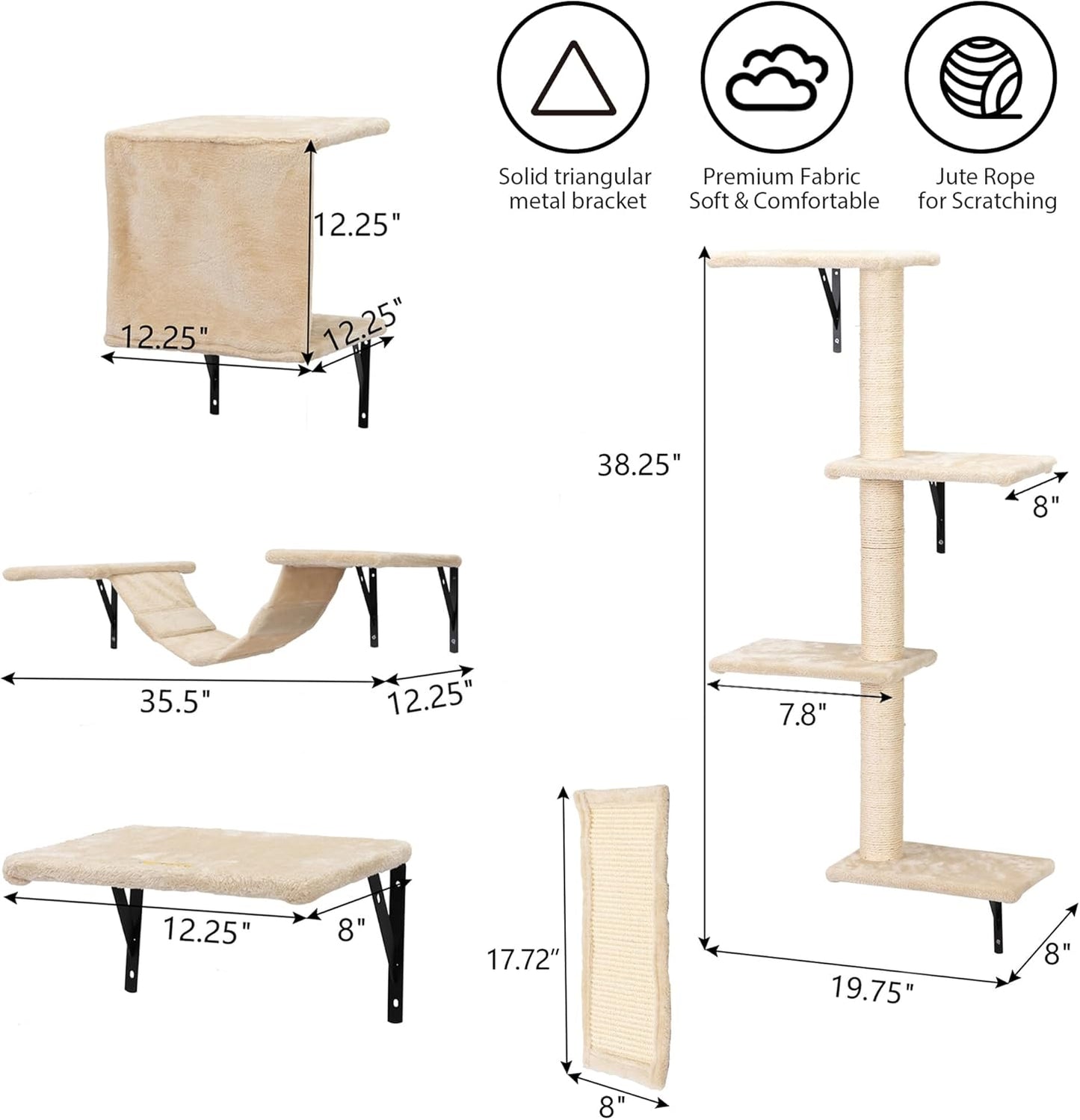 COZIWOW Wall Mounted Cat Furniture, Cat Wall Shelves and Perches, Floating Cat Shelves for Wall Set of 5(Beige)