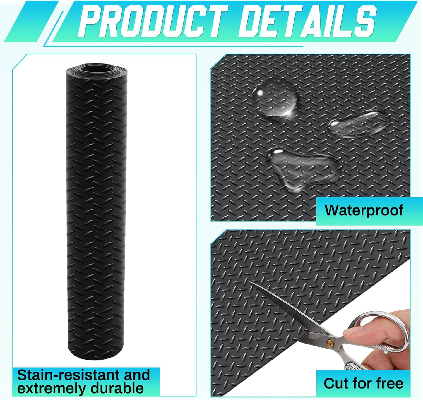 Breling 16 in x 10 ft Rubber Diamond Plate Rolls Mats, Heavy Duty Flooring Rug for Trailers Garage, PVC Water/Stain Outside Stall Resistant Parking Rv Tool(Black)