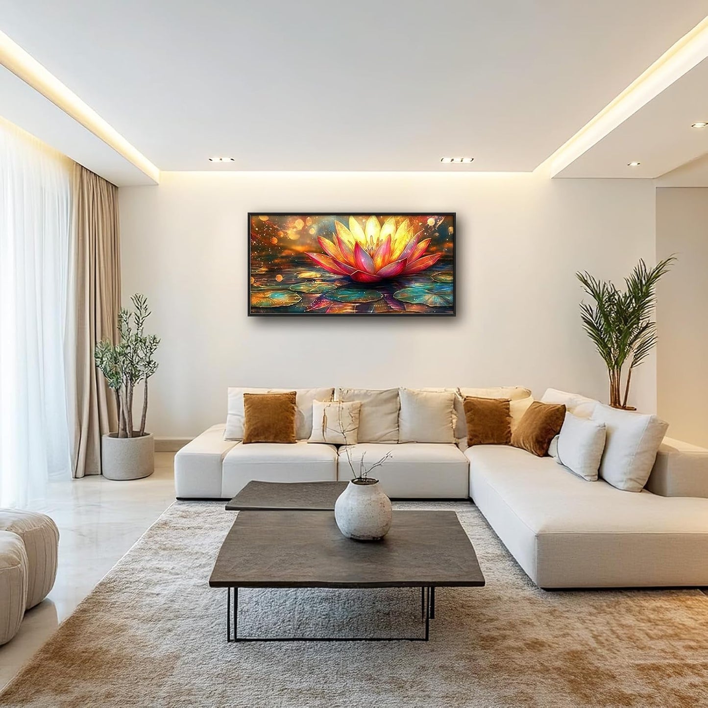 Framed Large Lotus Wall Art for Living Room, Oversized Lotus Flower Wall Decor Zen Golden Floral Canvas Painting Modern Artwork Home Decoration for Living Room Bedroom Office 60"x30"