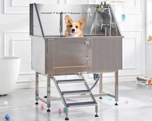 Albott 50-Inch Stainless Steel Dog Washing Station with Anti-Slip Steps, Sprayer, Faucet, and Soap Box – Professional Pet Bathtub for Medium/Small Pets, Ideal for Home, Garage, and Grooming(Left)