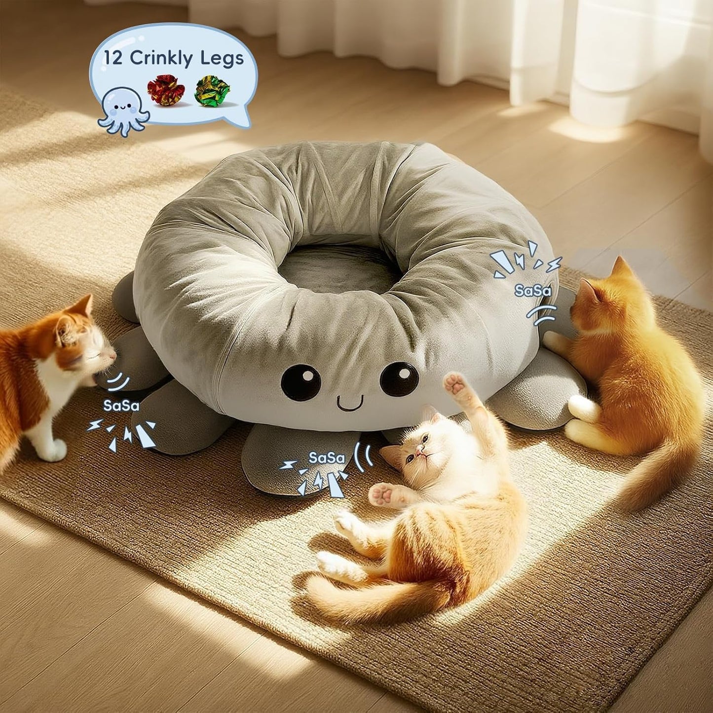 Cat Tunnel Bed for Indoor Cats, Peekaboo Cat Cave Bed,Soft Cat Donut Tunnel for Kitten Large Cats, Cute Green Octopus Shaped