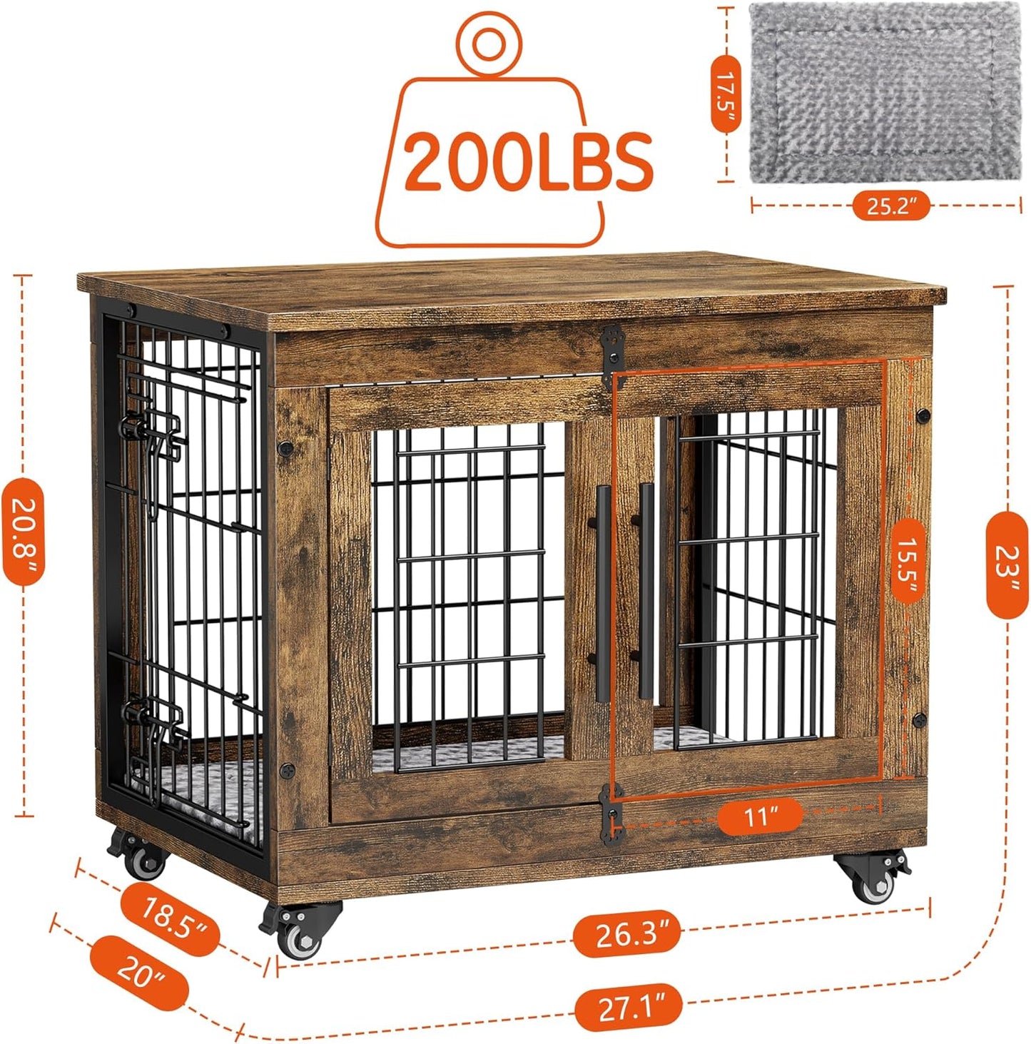 Lulive Small Dog Crate Furniture Set of 2, Dog Kennel Indoor Double Doors Wooden Dog Cage, 27' Heavy Duty Dog Crate with Cushion & Wheels, End Table Pet House Chew-Resistant Up to 30 lb, Rustic Brown