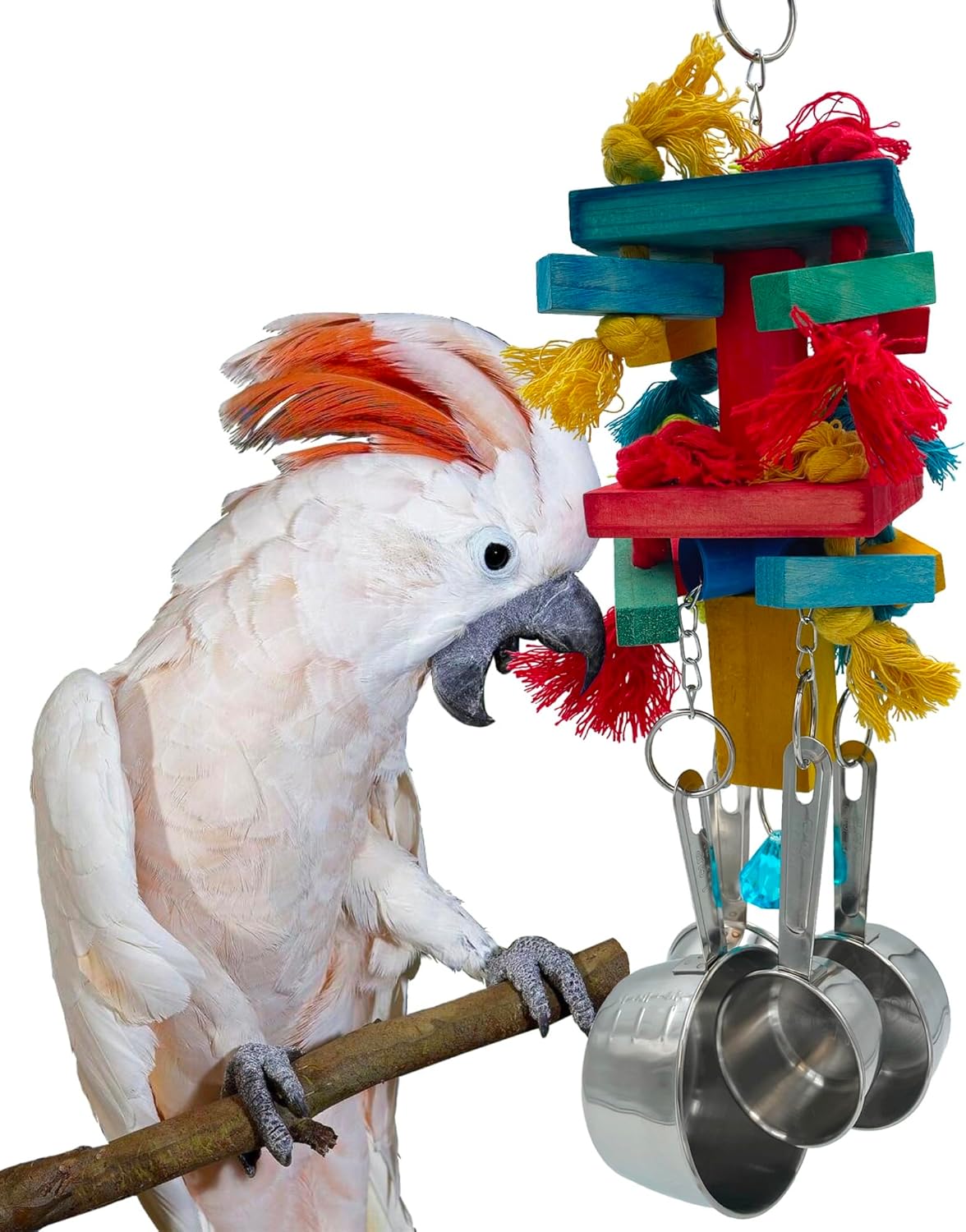 Large Bird Blocks and Knots Tearing Toys, Multicolored Natural Wooden Blocks and Cotton Knots with Stainless Steel Cup Toys for Extra Large Parrots Macaw African Grey Amazon Cockatoo Eclectus
