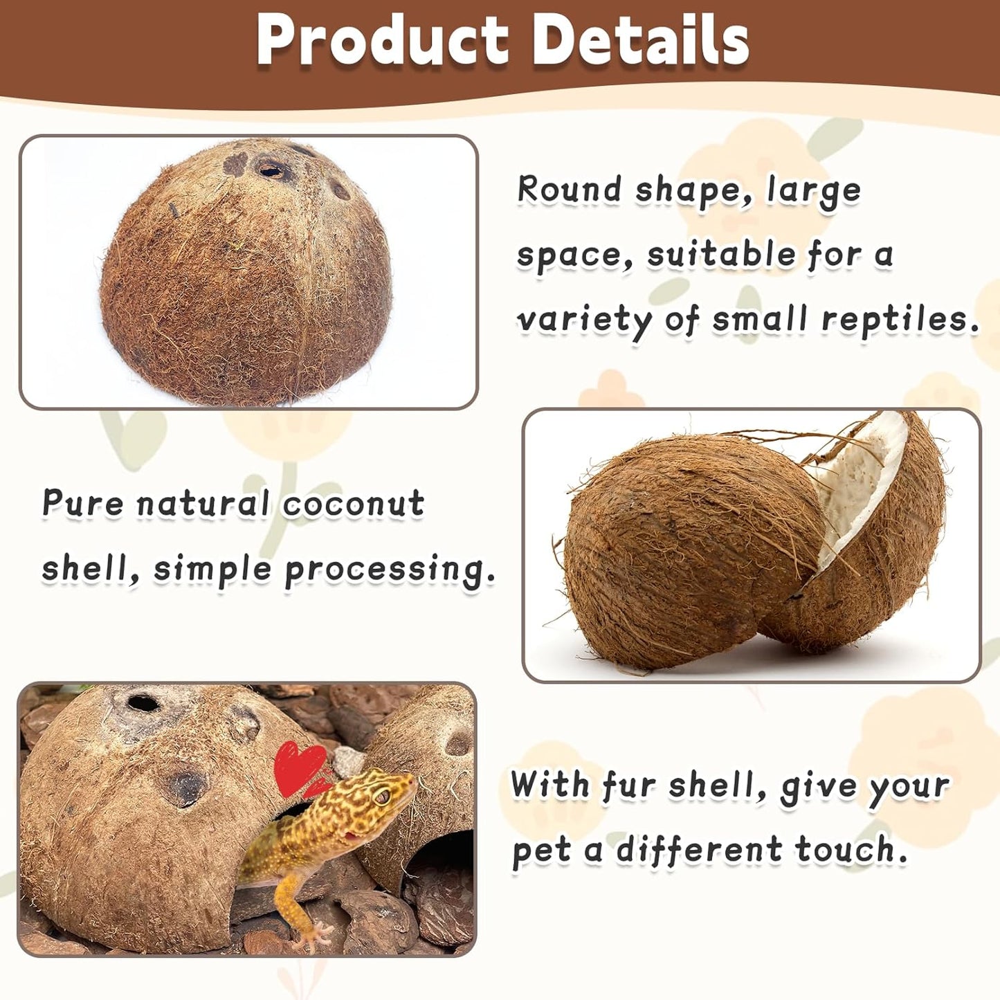 PINVNBY Natural Coconut Reptile Hideouts Lizard, Coco Hut Hermit Crab Hut Aquarium Fish Hide Cave for Small Reptile Crested Gecko Leopard Gecko Spider Snail Climber Toys (4 PCS Natural Surface)