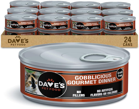 Dave's Pet Food Grain Free Wet Canned Cat Food Pate (Gobblicious Gourmet), Made in USA Naturally Healthy, Added Vitamins & Minerals, 5.5 oz Cans (24 Pack)