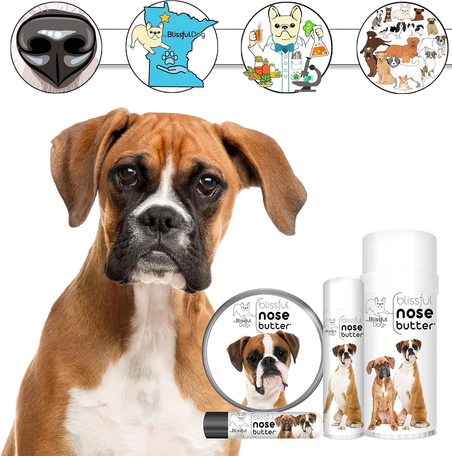 The Blissful Dog Fawn Boxer Nose Butter for Dry, Cracked Skin, Lick-Safe Dog Nose Balm with Moisturizing Shea Butter, Almond, Olive, and Essential Oils, Pet Supplies, Uncented, 0.15 oz.