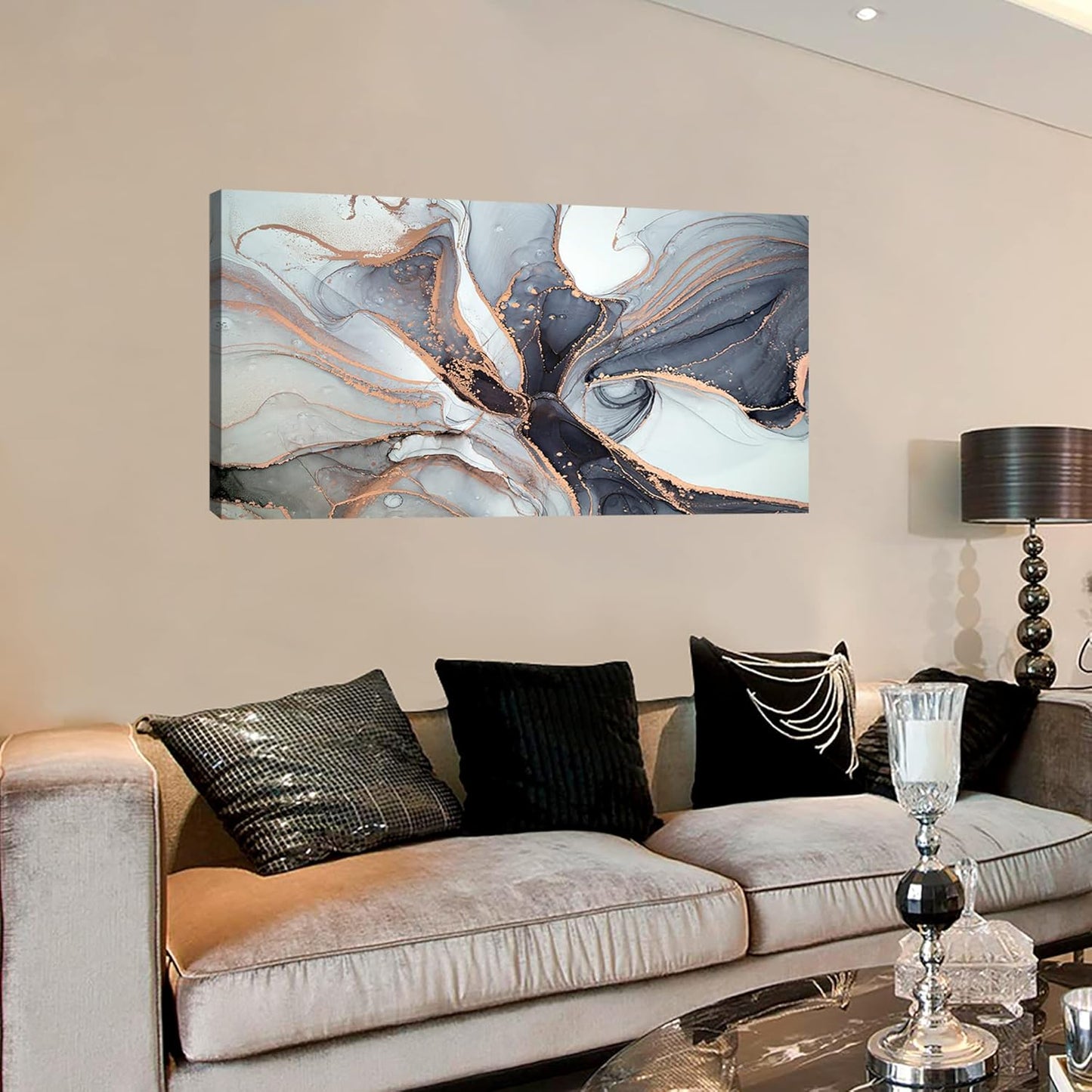 XXMWallArt FC3462 Framed Wall Art Gray and Gold Abstract Painting Background Abstract Canvas Wall Art Print Painting for Bedroom Living Room Office Wall Decor Home Decor