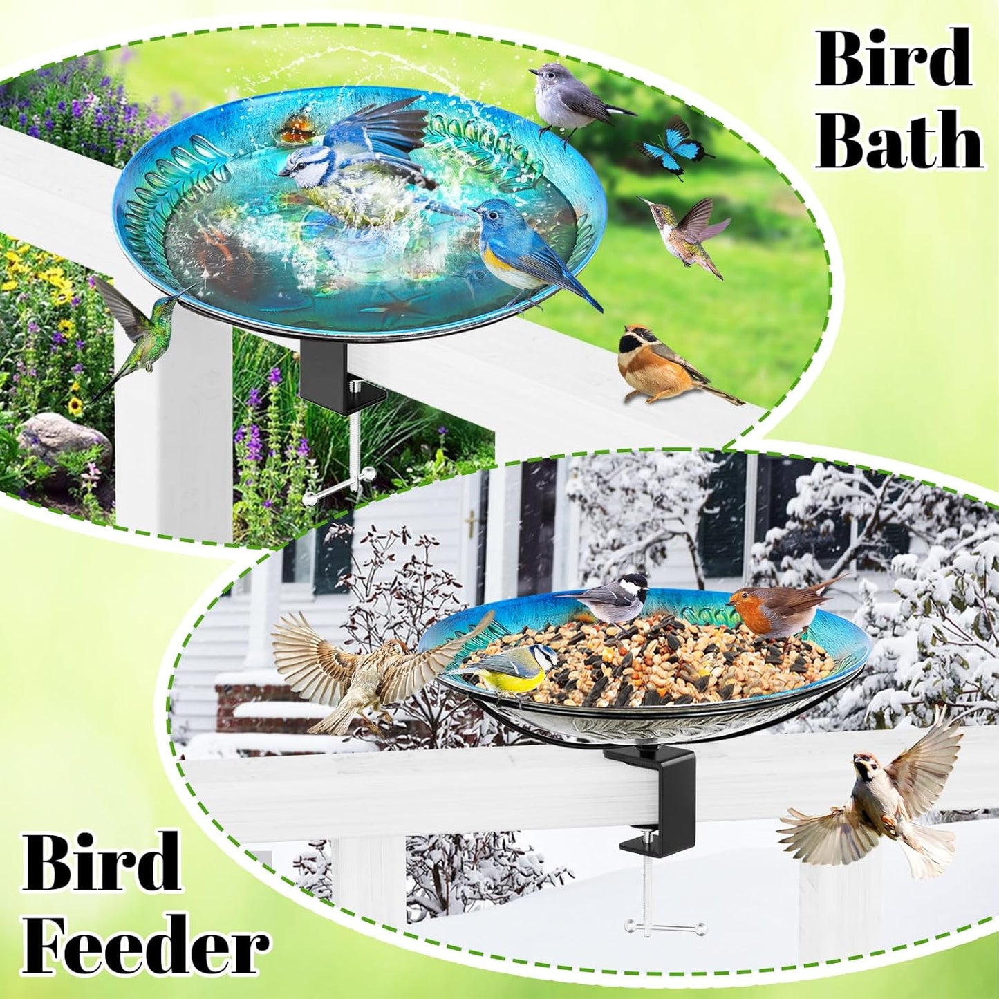 Deck Mounted Bird Bath for Outside, Detachable Birdbath Bowl with Sturdy Clamp, Outdoor Bird Baths Bowl for Attracting Birds Garden Yard Decor (Ocean Blue Turtle)