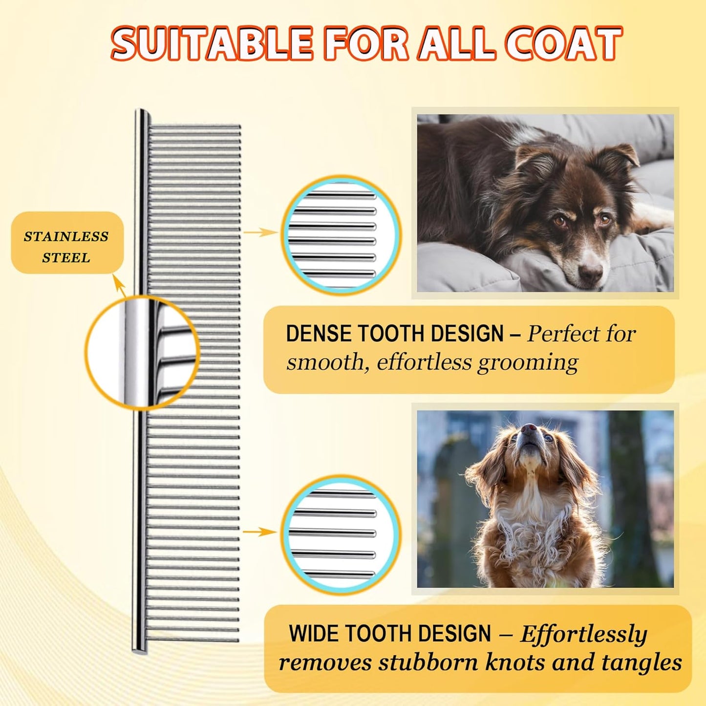 Dog Comb and Cat Combs Stainless Steel Teeth, Grooming Tool for Long & Short Hair, Dematting Comb for Dogs, Removes Tangles & Knots (Small and Large Silver)