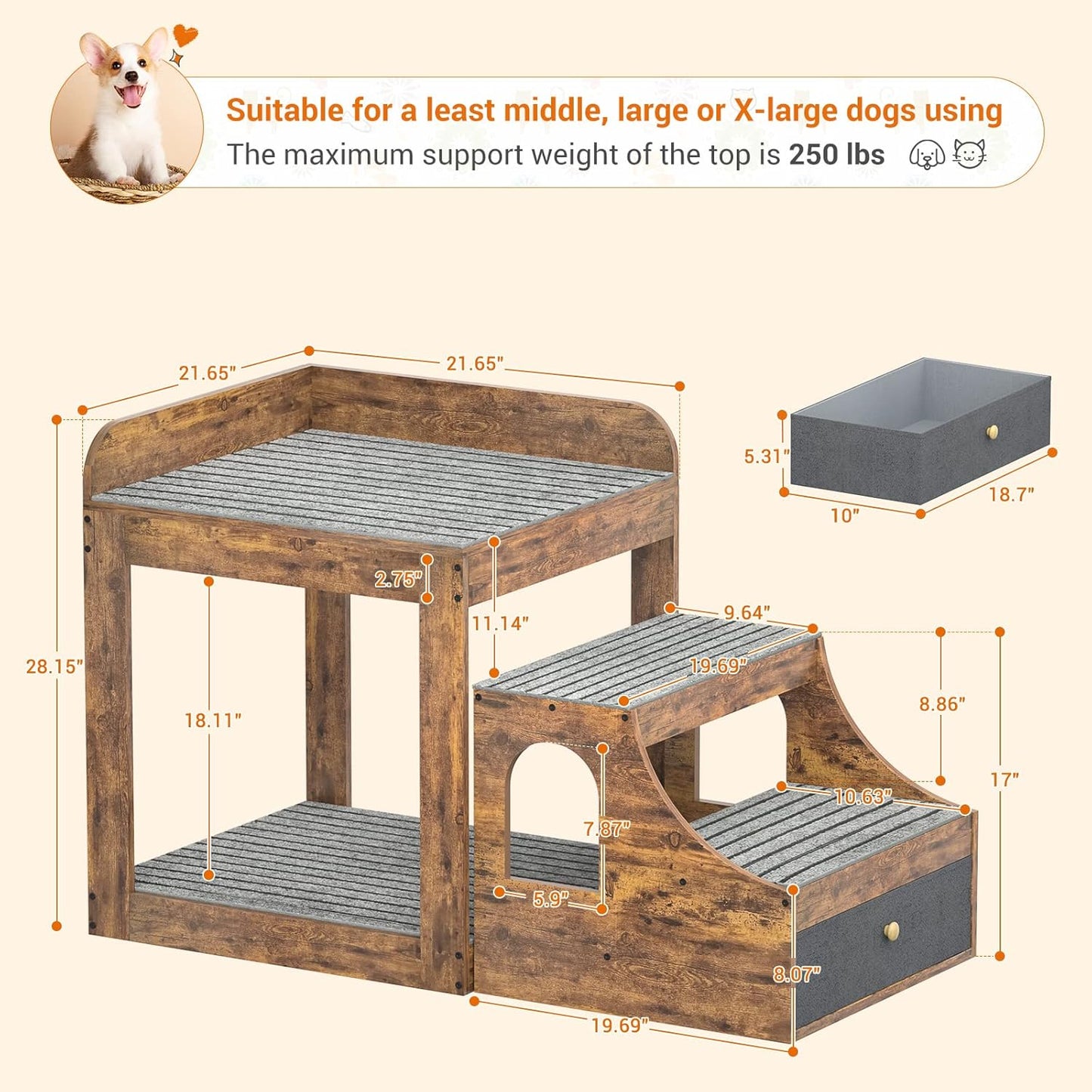 Pet Window Perch with Stairs, Super Large Pet Bunk Bed for Cats, Multi-Level Pet Seat Platform with Mats, Pet Bed Couch with Drawers for Bedside, Home, Indoor Use, Large Size, R