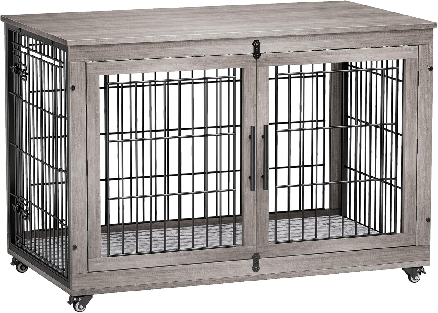 Lulive Dog Crate Furniture, XL Wooden Dog Kennel Indoor Double Doors Dog Cage, 44'' Heavy Duty Dog Crate with Cushion & Wheels, Decorative End Table Chew-Resistant for Extra Large/Medium, Grey